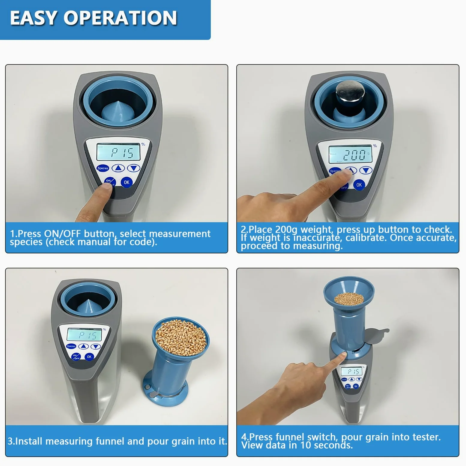 Misuratore di umidità professionale per cereali, tester di umidità per oltre 20 cereali, misura peso, densità, temperatura, con display LCD, rilevatore di umidità per grano, mais, riso, raccolto