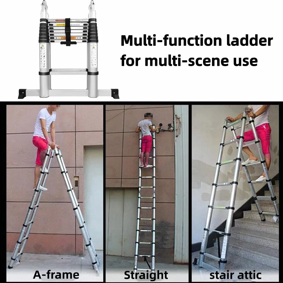 Qimu Scala telescopica da 5 m, in alluminio, allungabile, 2,5 m + 2,5 m, con stabilizzatore, scala in alluminio flessibile per esterni