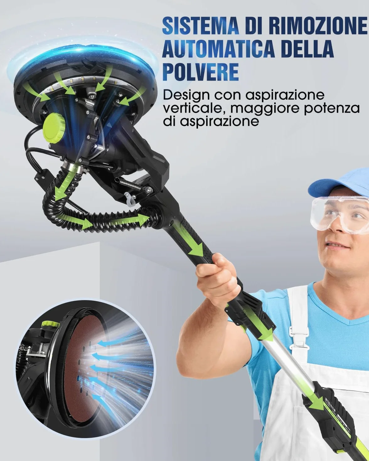 MYTOL Levigatrice per Muro con Aspiratore, 900W Elettrico Giraffa Levigatrice per cartongesso Manico Allungabile Pieghevole, 6 Velocità Variabili Massimo 1800U/min, Luce LED, 12 Carte Abrasive