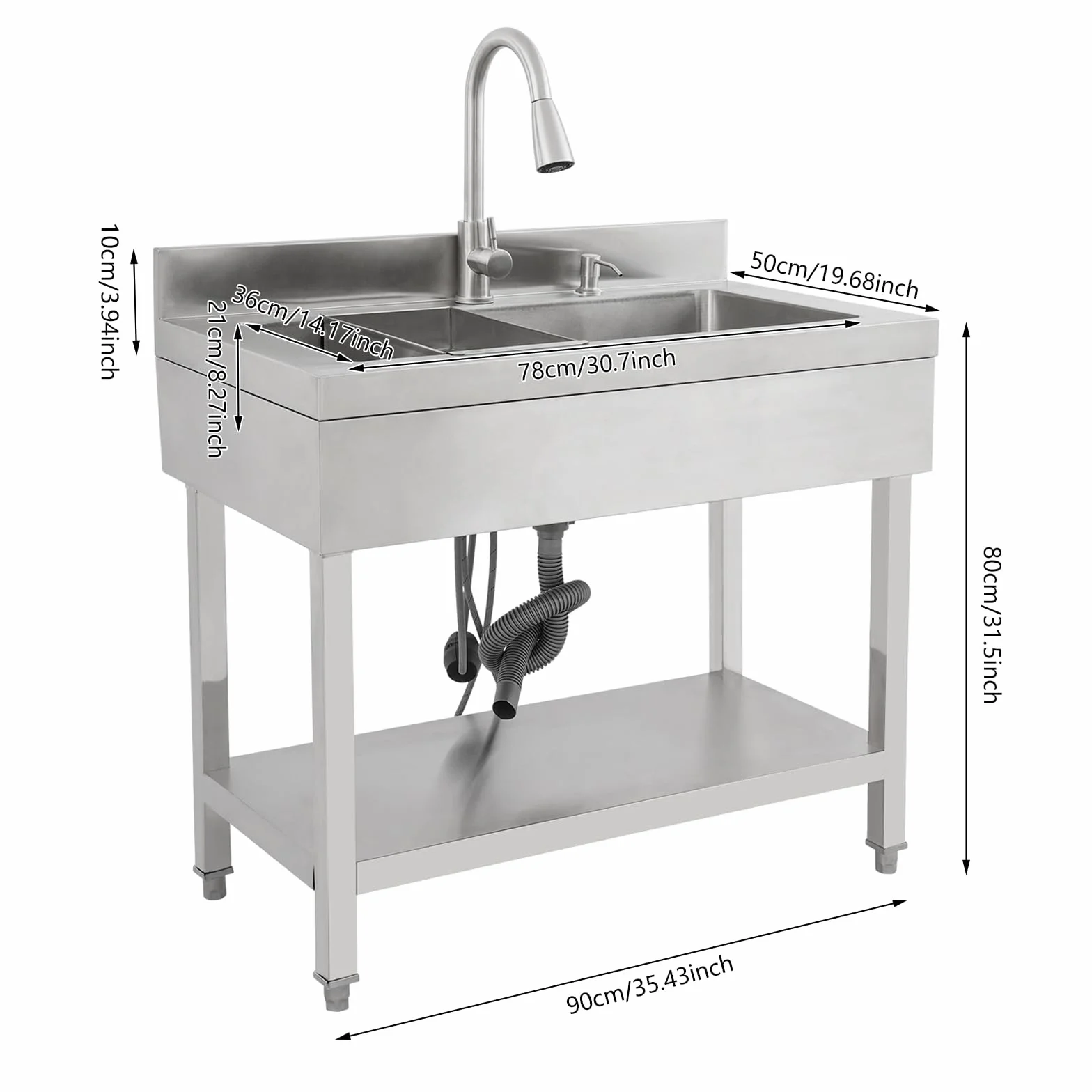 Lavello da cucina in acciaio inox, autoportante, in acciaio inox, 1 vasca, armadietto con lavello rubinetto, freestanding, cestello filtro per case, bagni, fattorie, cortili