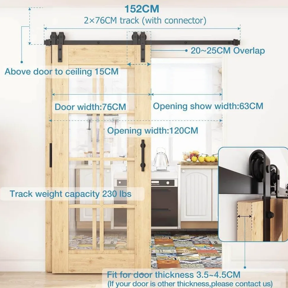 WINSOON 5FT/150CM Binario per Porta Scorrevole Bypass Doppie da Interno kit Porta Pieghevole Scorrevole Esterno Muro, per Doppia Pore, Porte non Inclusa