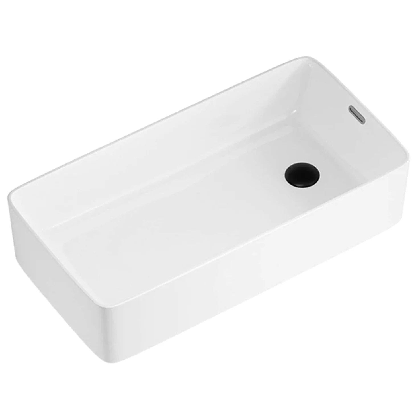 Lavabo da Appoggio in Ceramica con Troppopieno, Lavello Rettangolare Moderno con Scarichi Laterali e Scarico Pop-up per Bagno e WC degli Ospiti