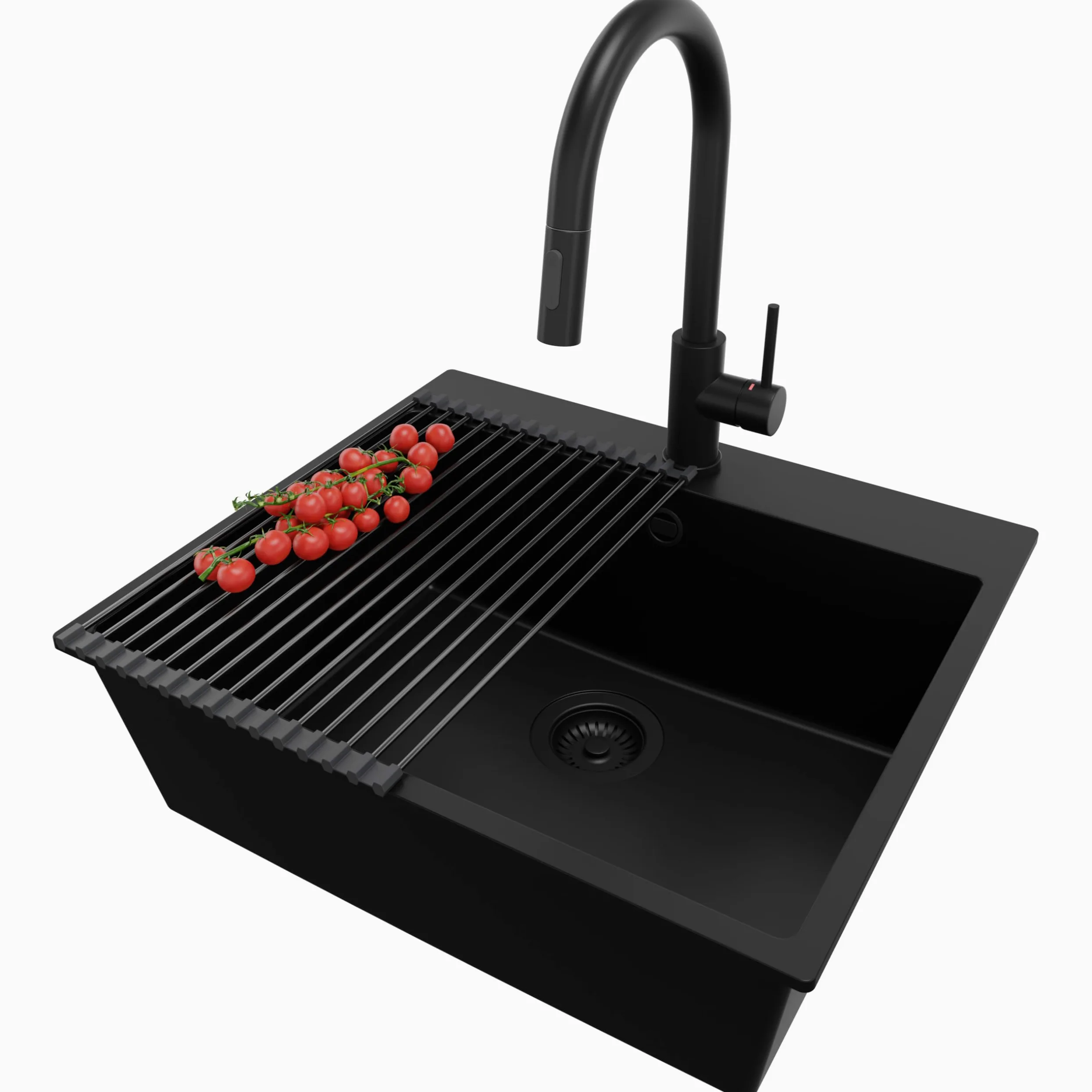 PRIMAGRAN Lavandino da Cucina Tutto Nero 58x50cm, Lavello in Granito a 1 vasca + Rubinetto 40x20cm + Set di accessori, Lavabo da Cucina Incasso al Mobile 60cm - Riga S393