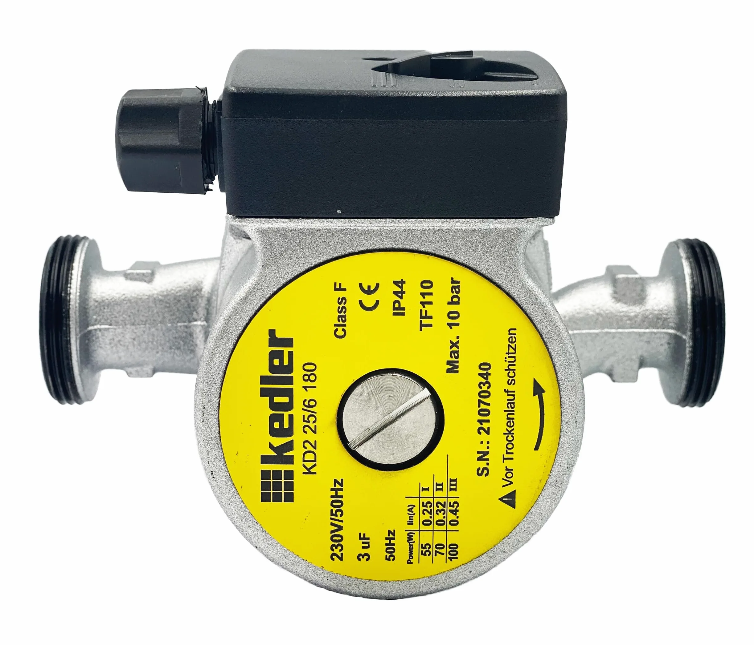 Pompa di circolazione, pompa di riscaldamento 25 – 60, altezza di mandata 6 m, pressione di esercizio 10 bar, classe di protezione IP44, lunghezza di installazione 180 mm, 3 livelli di