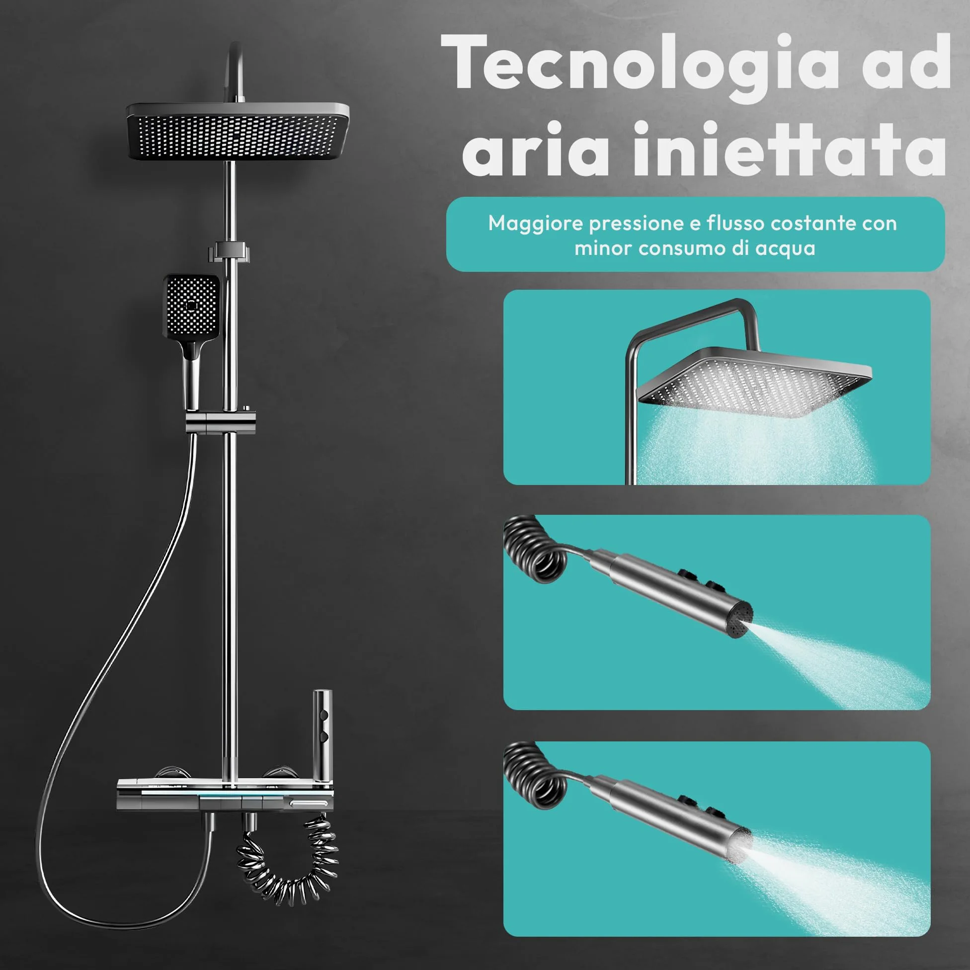 JUPPLIES Colonna Doccia Termostatica Nero Titanio 4 in 1 – Soffione Pioggia 25cm | Display LED | Miscelatore Ceramica | Doccetta + Cascata Vasca | Kit Doccia Completo Nero Opaco