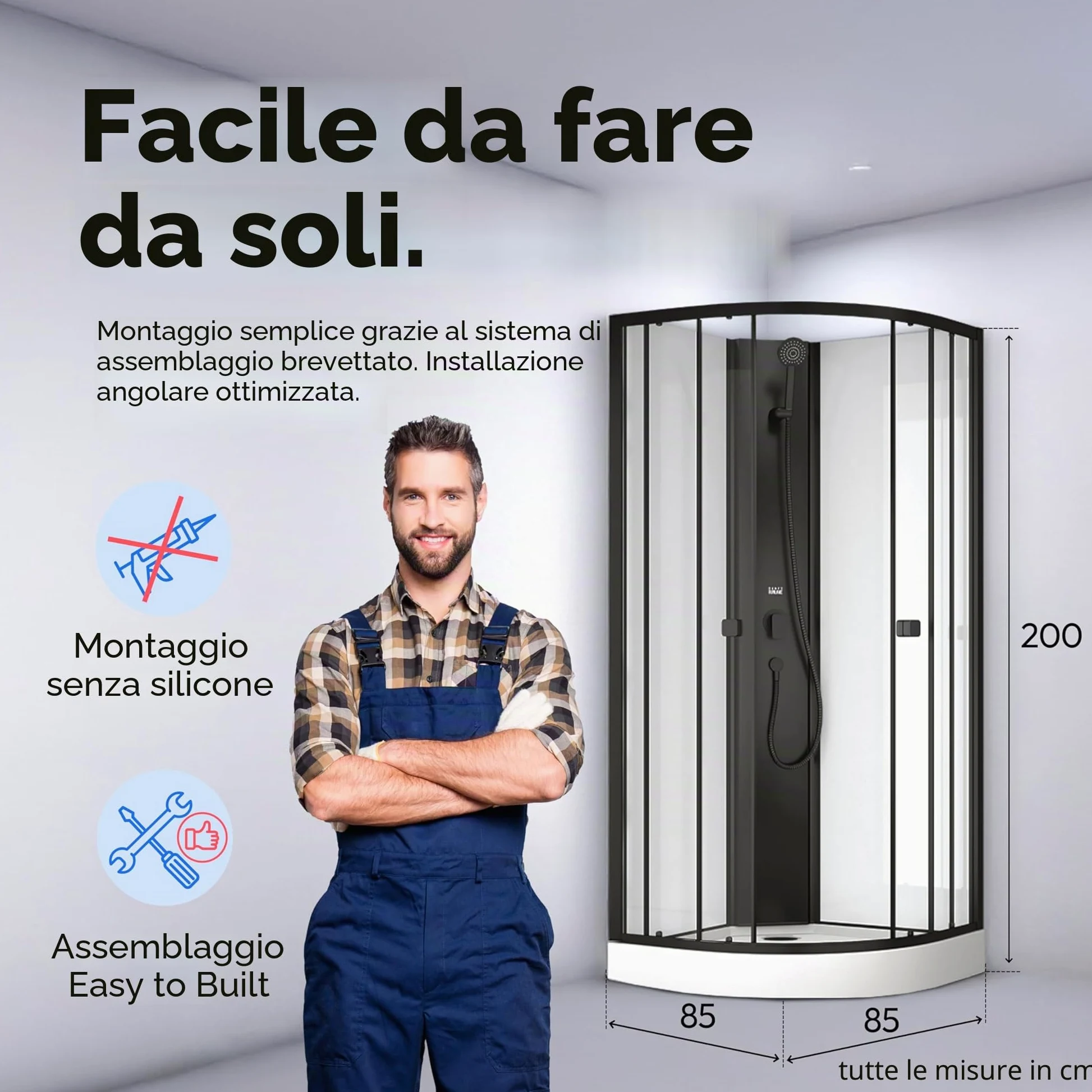 Marwell Doccia completa Prime Style – Box doccia nero/bianco 85 x 85 x 198 – Doccia prefabbricata con piatto doccia e rubinetto – Doccia con telaio in alluminio – Doccia in vetro Design moderno