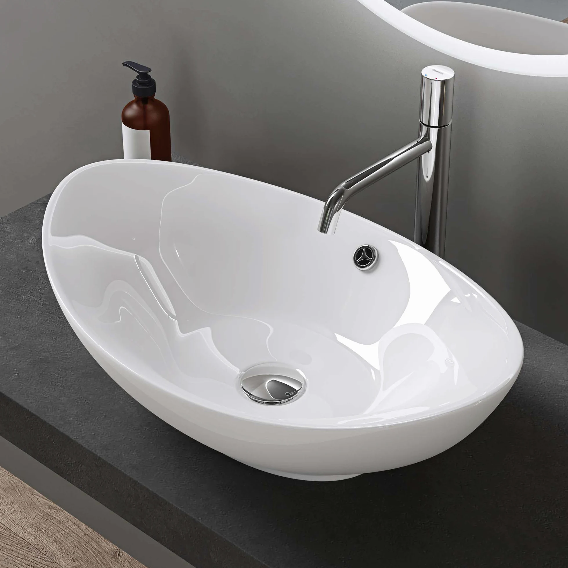 doporro Lavabo Ovale da Appoggio in Ceramica Bianco Lucido 59x38,3x19,2 cm, Lavandino Bagno con Troppopieno Effetto Loto Brüssel818