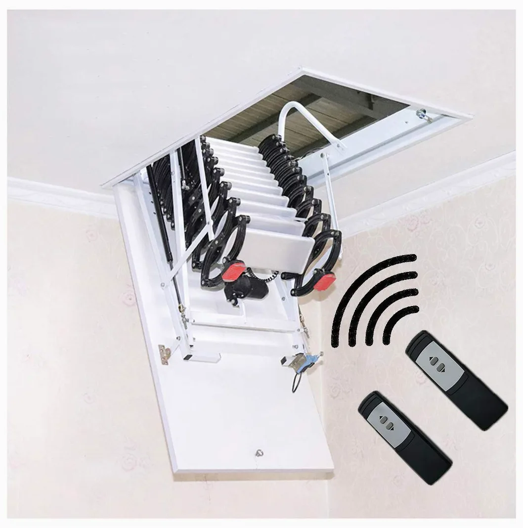 Scala elettrica per mansarda con corrimano, telecomando a soffitto, pieghevole, telescopica, personalizzabile (dimensioni del foro: 70 x 90 cm, altezza: 2,5 m)