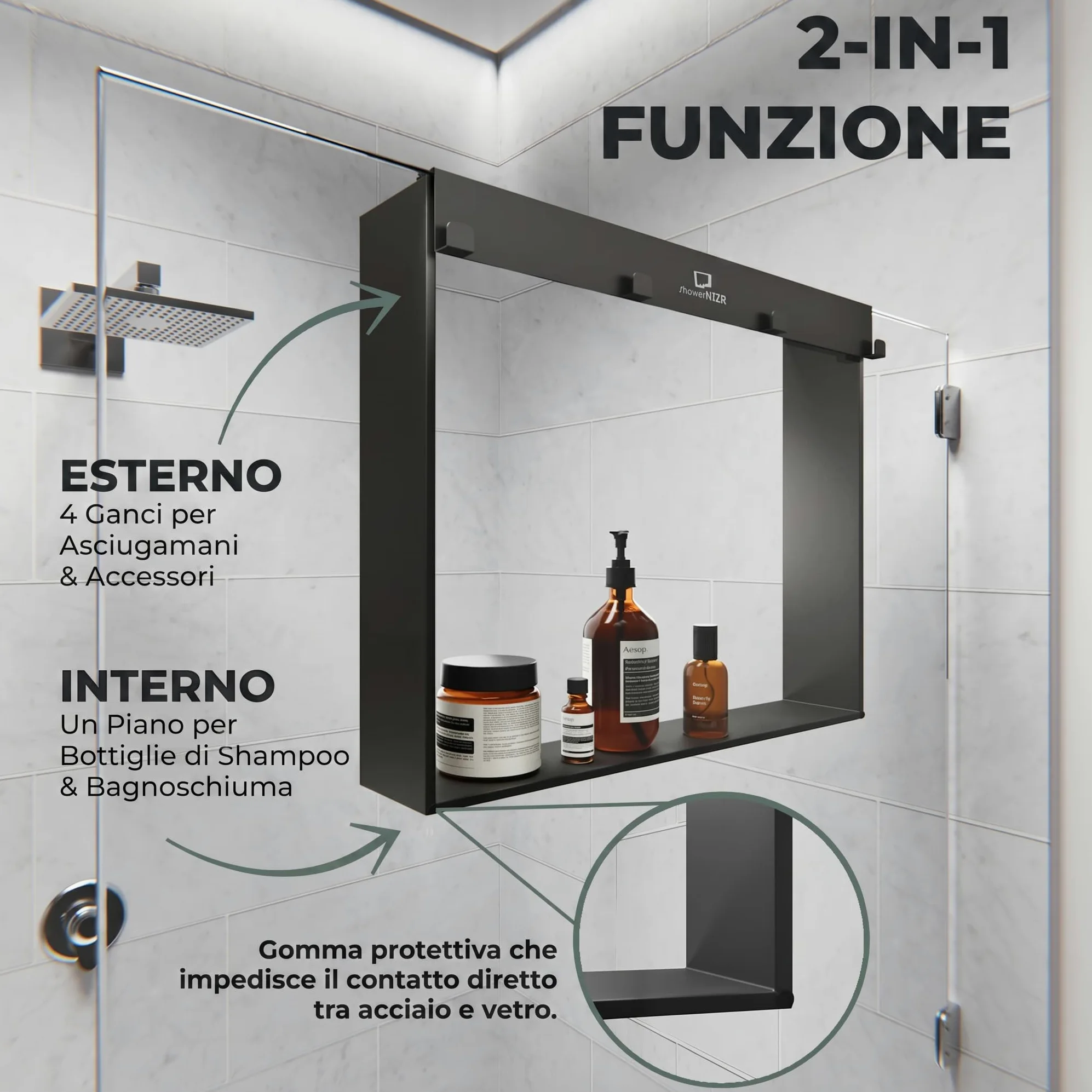 ShowerNIZR Mensola doccia Grey - Mensola doccia senza foratura da appendere alla parete in vetro in acciaio inox con 4 ganci porta shampoo per organizer doccia moderno e ordine nel box doccia