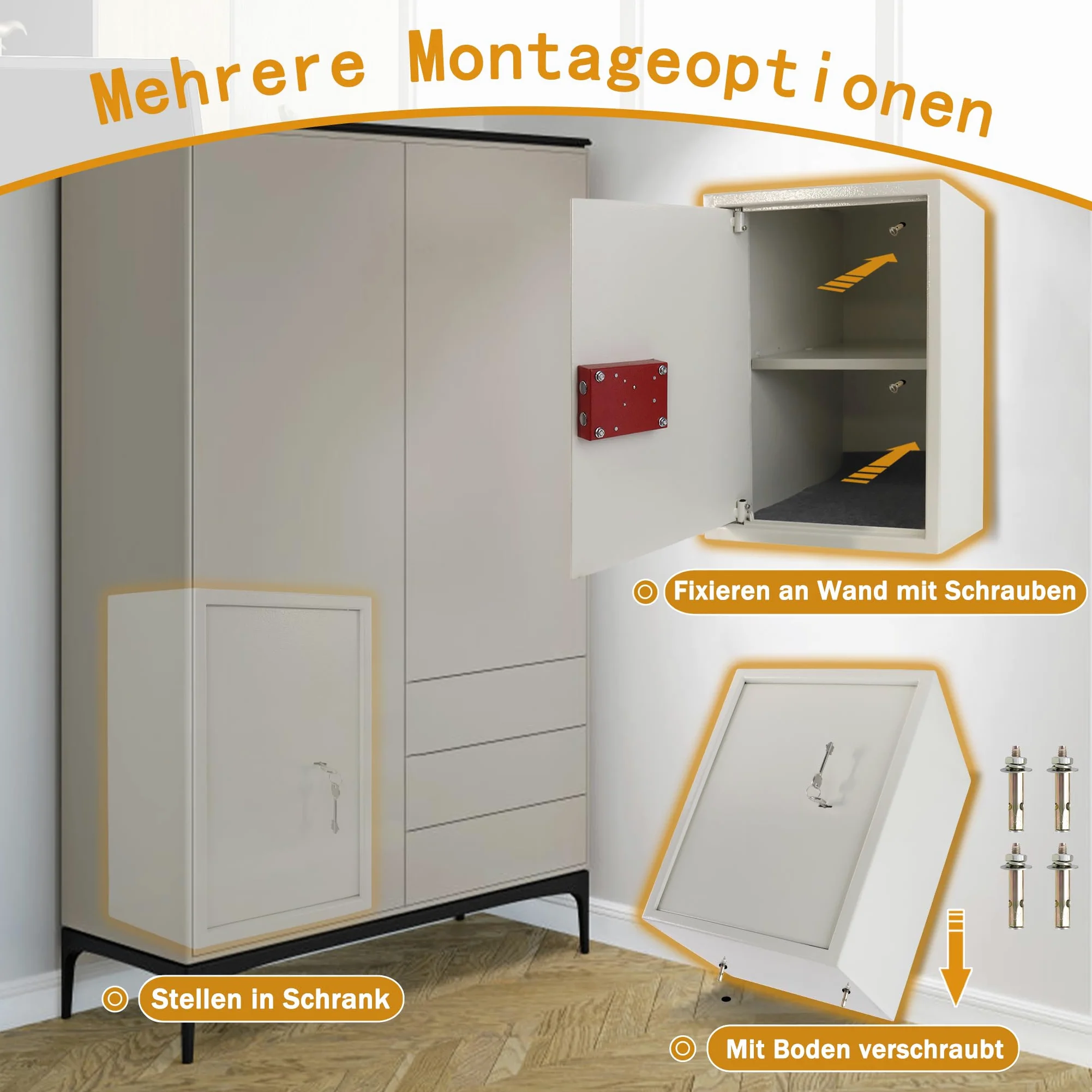 UISEBRT Cassaforte per mobili con serratura a doppia barba, cassaforte per chiavi, cassaforte per soldi, cassaforte per casa, ufficio, hotel, 35 x 31 x 50 cm, argento