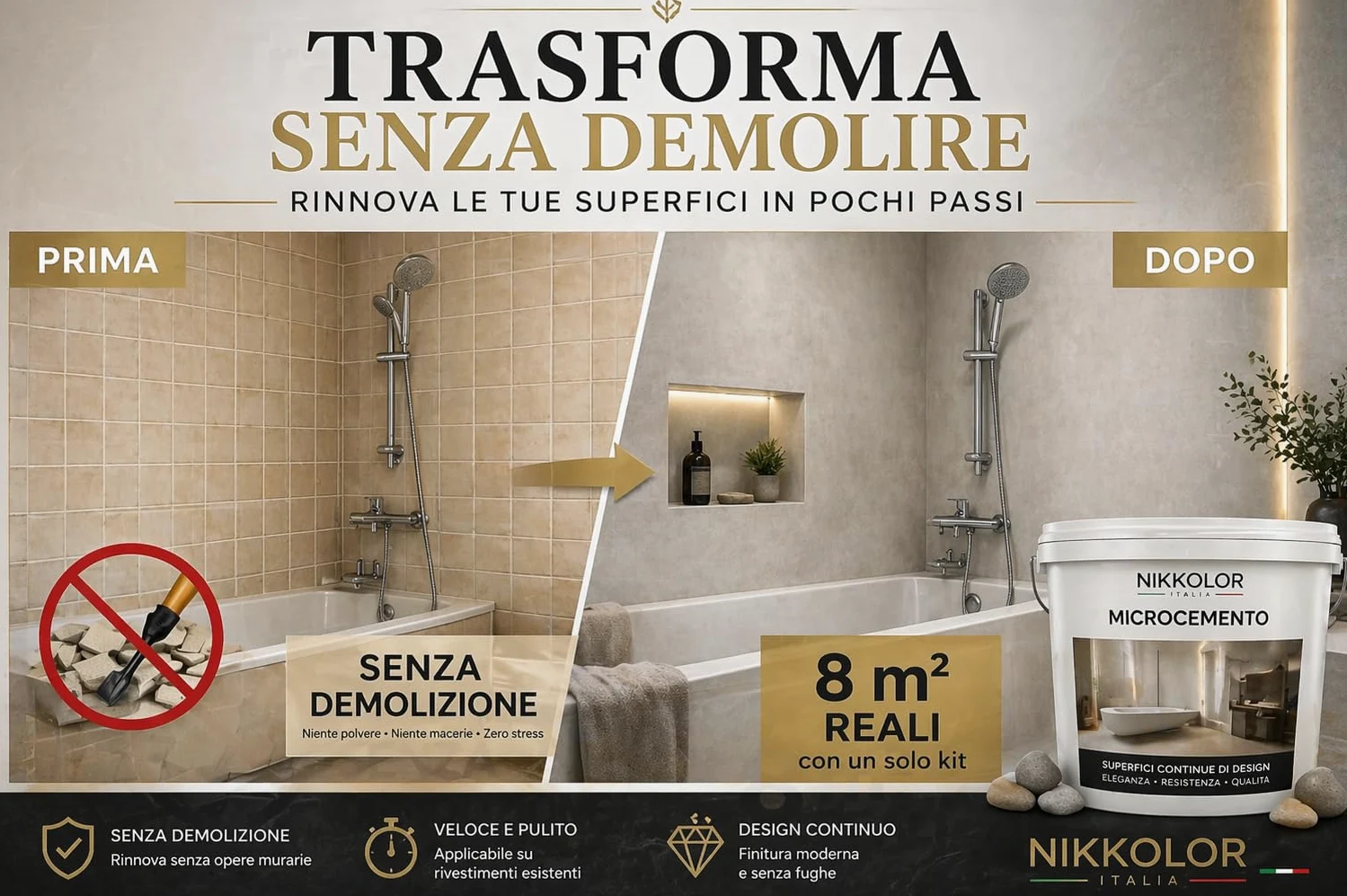 Kit Microcemento 8 m² per Pavimenti e Pareti - Opaco – 13 | Copre piastrelle e fughe senza demolire con spessore finale 2-3 mm - Finitura Opaca