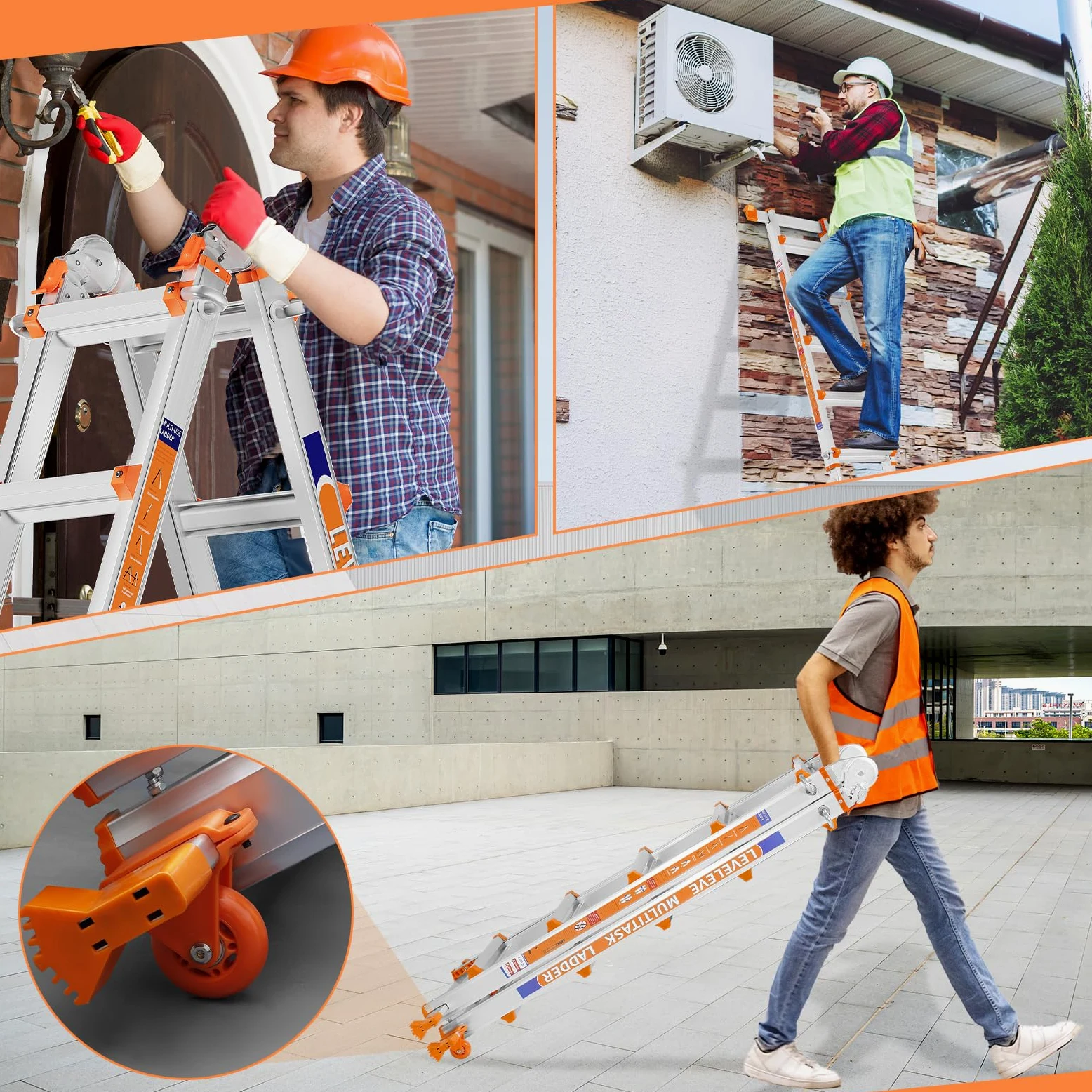 Scala Multiuso a 5 Livelli: Scala a 5 Livelli e Scala Allungabile da 17 Piedi (5,18 m) con Stabilizzatore e Ruote, Portata 150 kg, Sicuro per Scale, per Interni, Esterni e Tetto, in Lega di Alluminio
