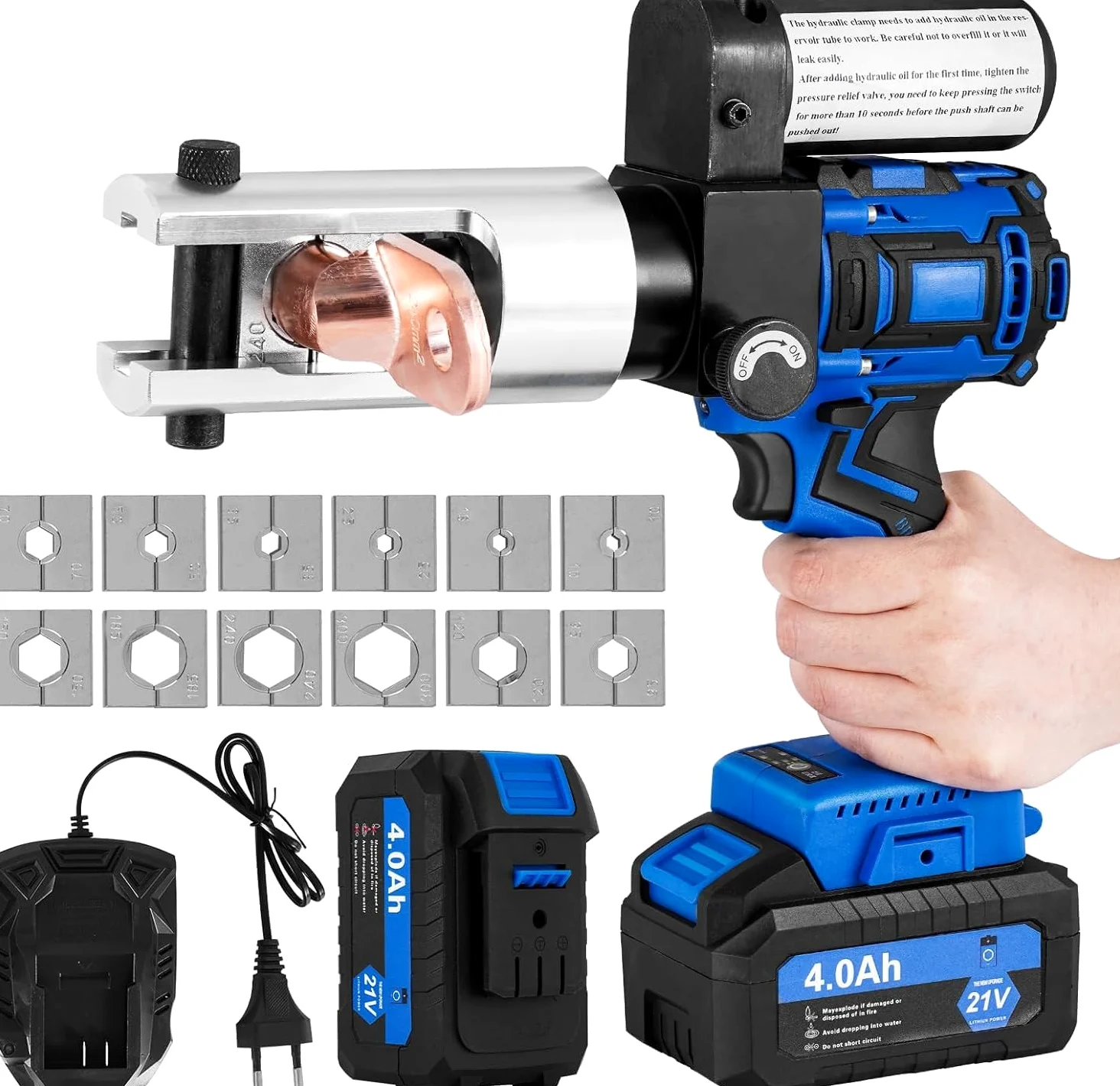 MXBAOHENG 60KN Pinza a crimpatrice idraulica ricaricabile 10-300 mm², 12 paia di matrici, Elettrica Pinze Idrauliche per Cavi Portatili Con 2 Batterie da 21 V 4 A per Capicorda In Rame e Alluminio