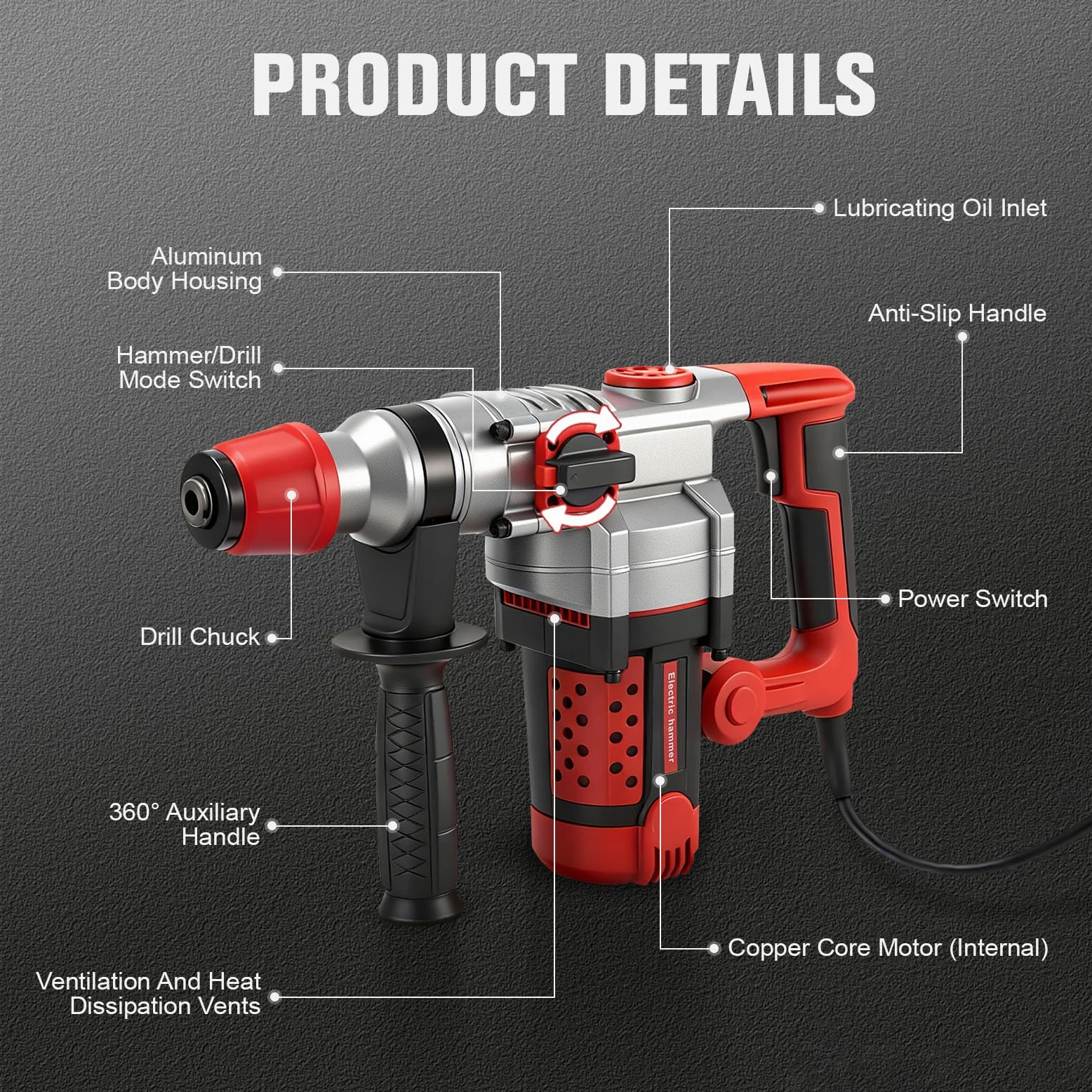 2200W martello demolitore, 5J Energia d'impatto, 930 giri/min/3300 battiti al minuto, trapano a percussione brushless con impugnatura girevole a 360° e 4 punte, 6/8/10/12 mm
