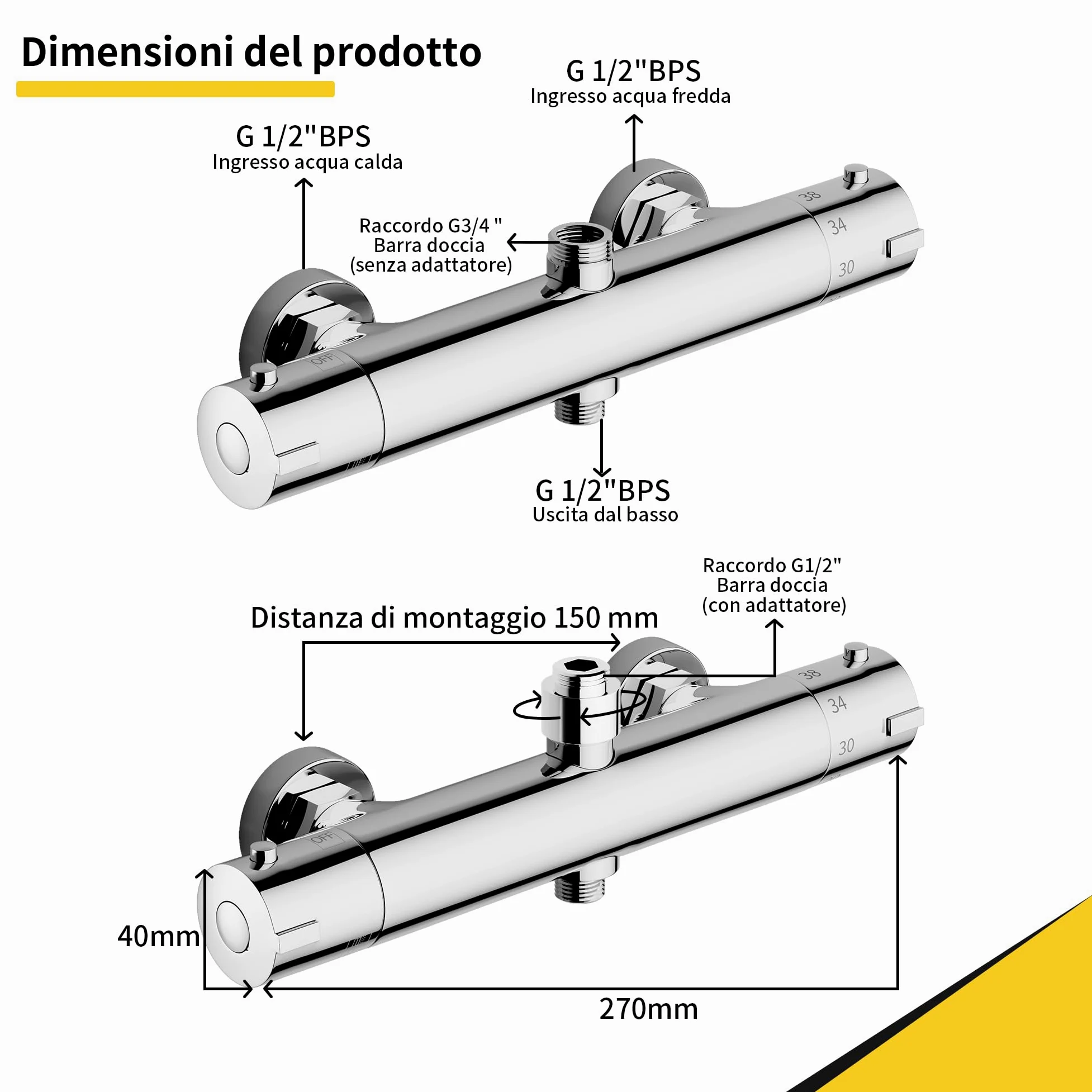 MORADO Miscelatore Doccia, Miscelatore Termostatico Doccia Con 2 Uscite, Uscita Superiore 3/4" BSP (26.4mm) e Uscita Inferiore 1/2" BSP (21mm), Forma Rotonda, Ottone, Finitura Cromata
