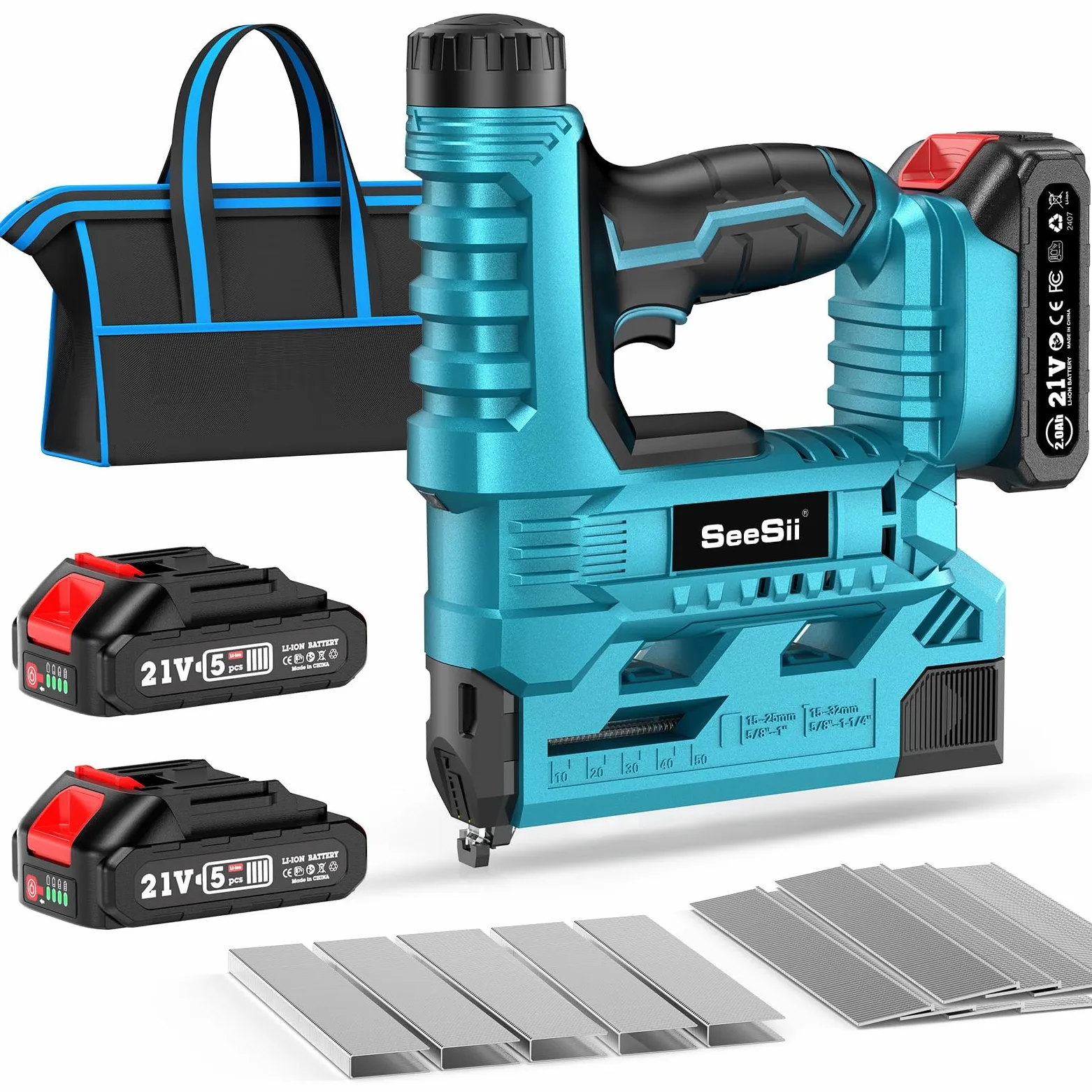 SEESII Chiodatrice Brad a Batteria, Pistola Sparachiodi Elettrica Calibro 18 con 2 Batterie da 2,0Ah e 1000 Pezzi di Chiodi e Graffette, Profondità di Inchiodatura Regolabile