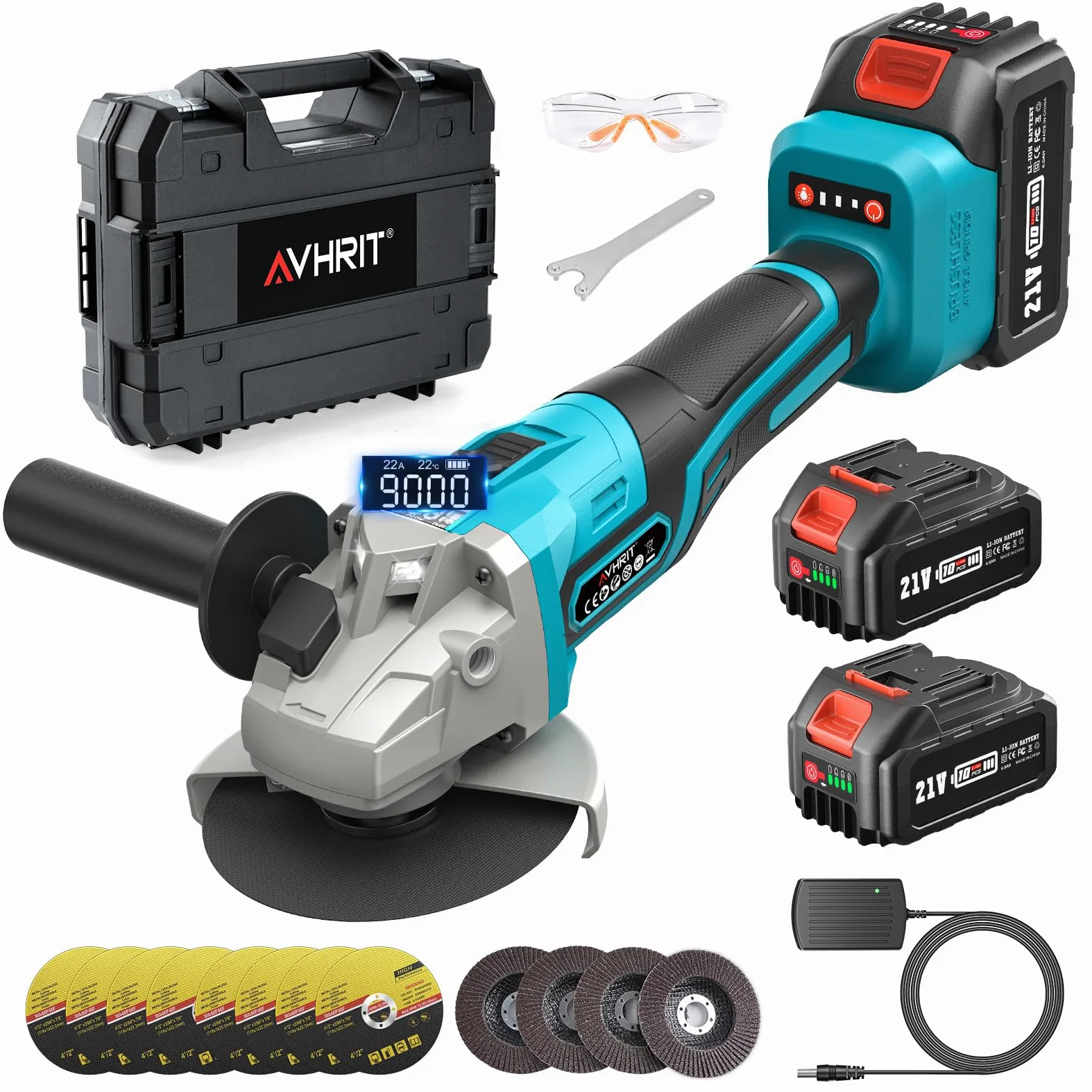 Smerigliatrice angolare a batteria da 125 mm, smerigliatrice angolare con 2 batterie da 4,0 Ah e caricabatterie, 9000 giri/min con dischi da taglio(21V/2x4.0AH)