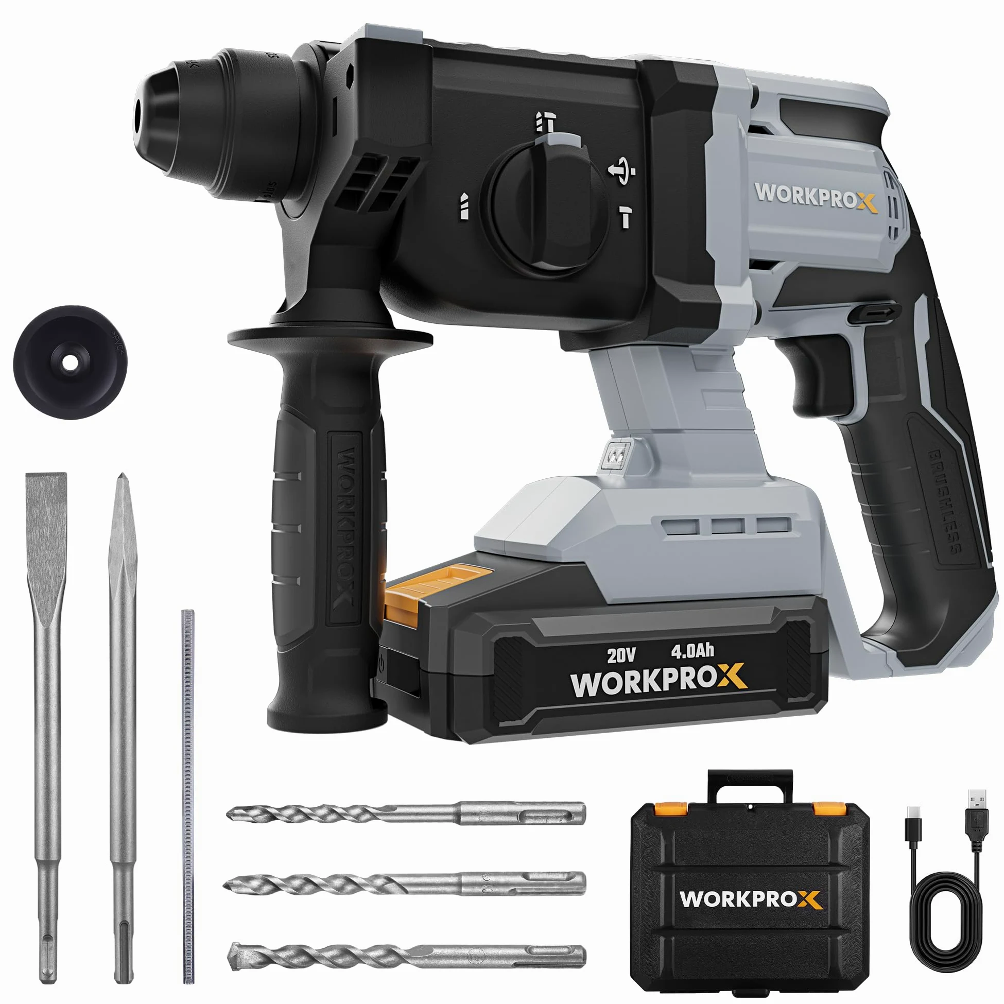 WORKPROX Martello perforatore a batteria 20V SDS-Plus, 2,0 J, Motore Brushless, 4 Funzioni, Batteria 4,0Ah, Ideale per Fai-da-te e Lavori Professionali