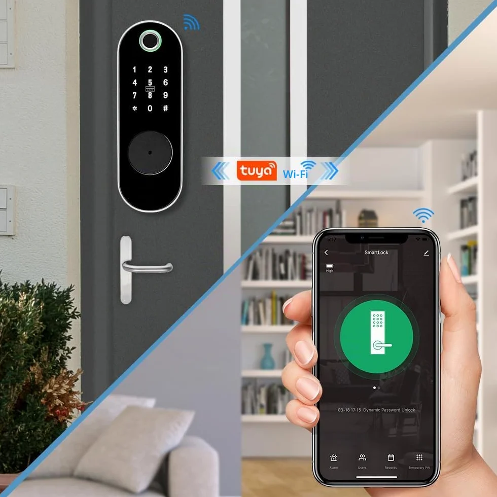 Tuya - Serratura elettronica intelligente digitale, sblocco tramite app, identificazione delle dita, codice anti-peep, telecomando, chiave RFID 5 in 1