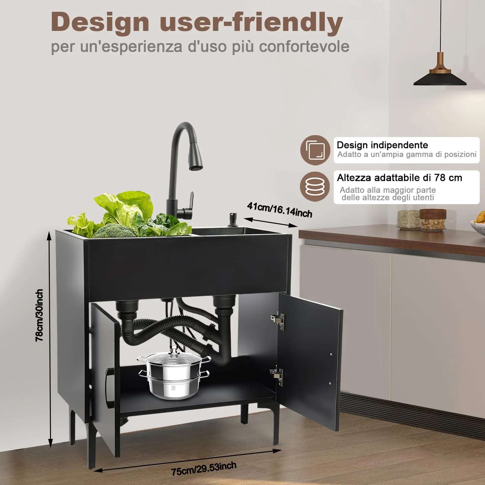 Lavello da cucina autoportante, lavello per bucato con armadio in legno, lavello in acciaio inox con doppia vasca, lavello a 2 vasche con rubinetto estraibile, scolapiatti, dispenser di sapone (nero