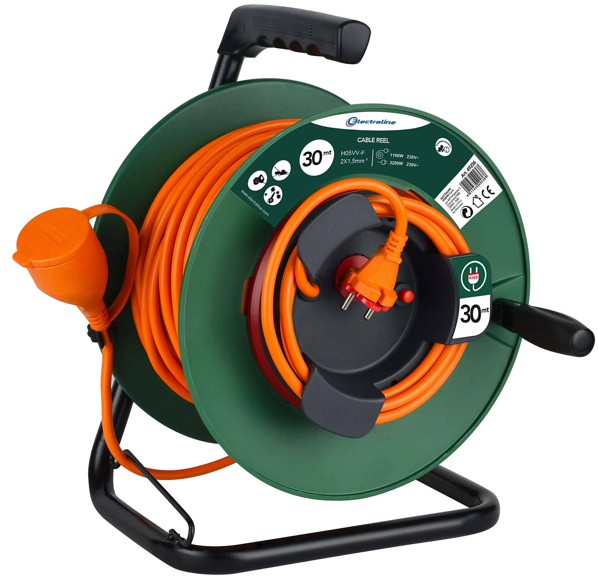 Electraline 49236 Prolunga Giardino con Avvolgicavo, 30 mt Spina e Presa Europea 2 Poli, per Elettrodomestici da Giardinaggio, Sezione Cavo 2x1,5 mm²