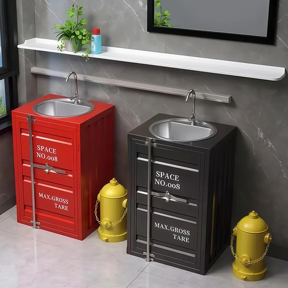 ZTGL Lavandino A Colonna Retro in Ferro Battuto, Lavabo da Appoggio con Lavabo in Acciaio Inox, Integrato Lavello Bagno Combinazione con Rubinetto E Tubo di Scarico,Nero,Without Mirror