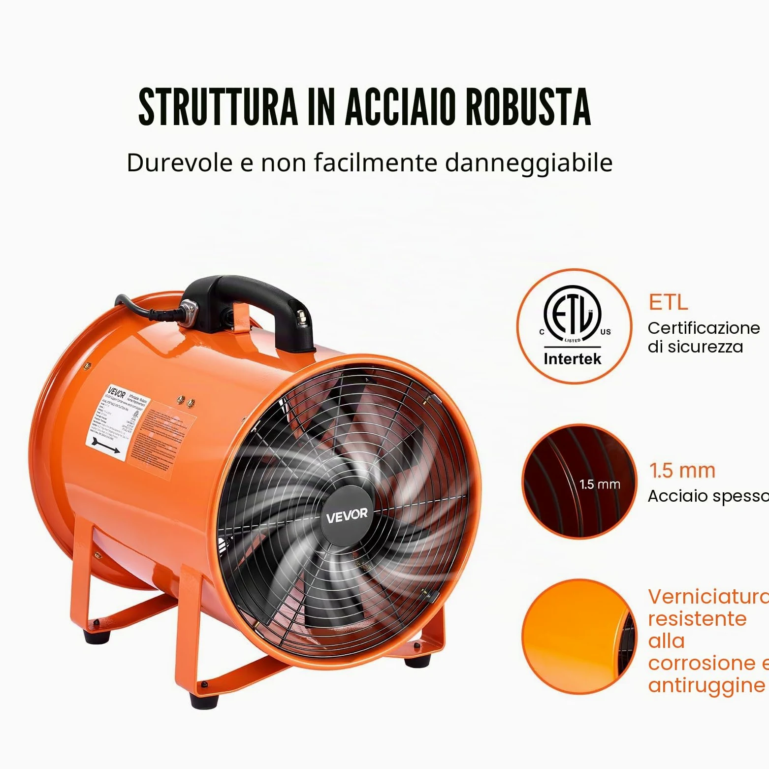 VEVOR Ventilatore Portatile, 365 W Estrattore d'Aria Aspiratore Industriale 304,8 mm Condotto Tubo Flessibile da 10 m Volume d'Aria 2574 CFM (4373 m3/h) 2 Marce per Aspirare Polvere Fumo 79 dB IP44