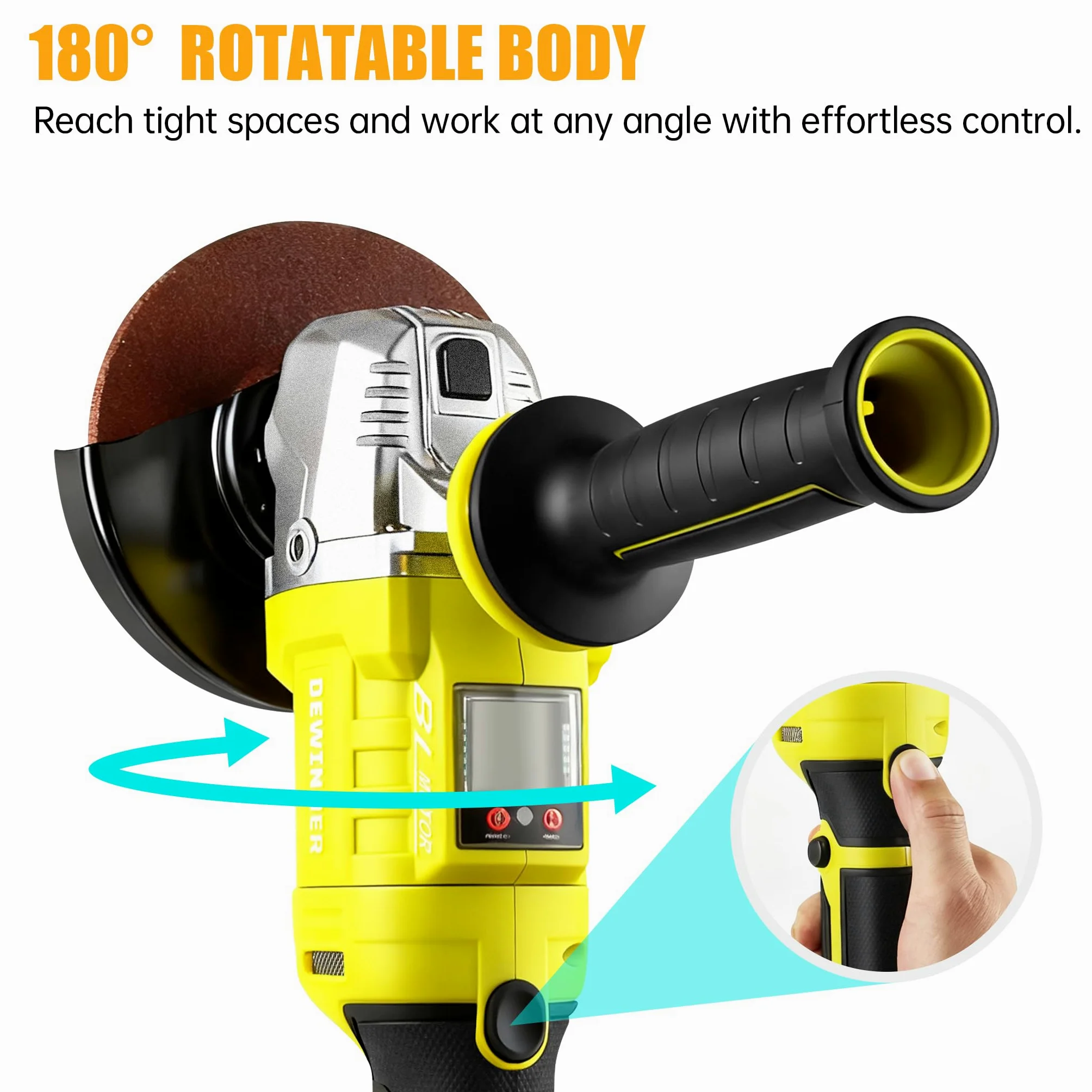 DEWINNER Smerigliatrice Angolare a Batteria Brushless 20V, Ø125mm, può ruotare di 90° su entrambi i lati.Smerigliatrice Angolare Senza Fili con 2 Batterie da 4.0Ah, 8500 giri/min, Dischi da Taglio