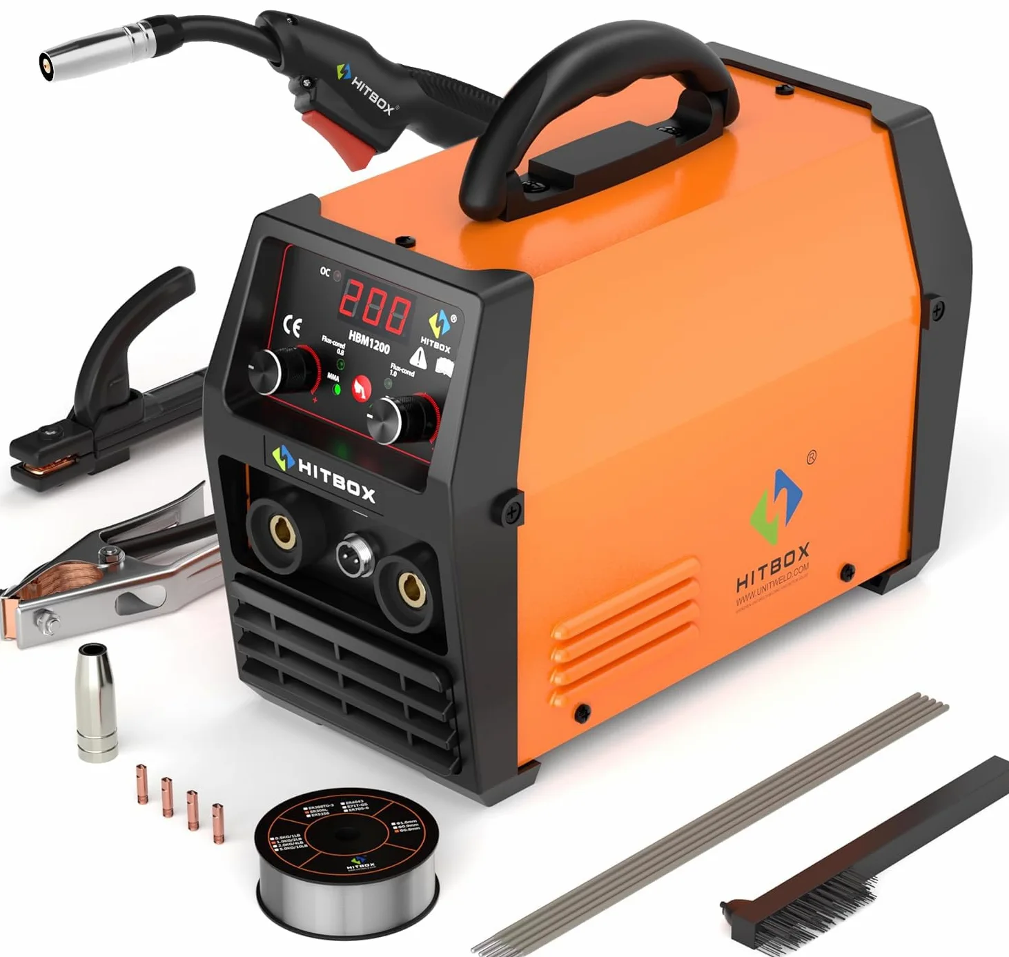 HITBOX Saldatrice a Filo Continuo 200A, 3-in-1 Saldatrice MIG/ARC/LIFT TIG, Inverter Portatile 230V IGBT con Torcia e Filo Ø0,8mm, Ideale per Principianti (HBM1200)