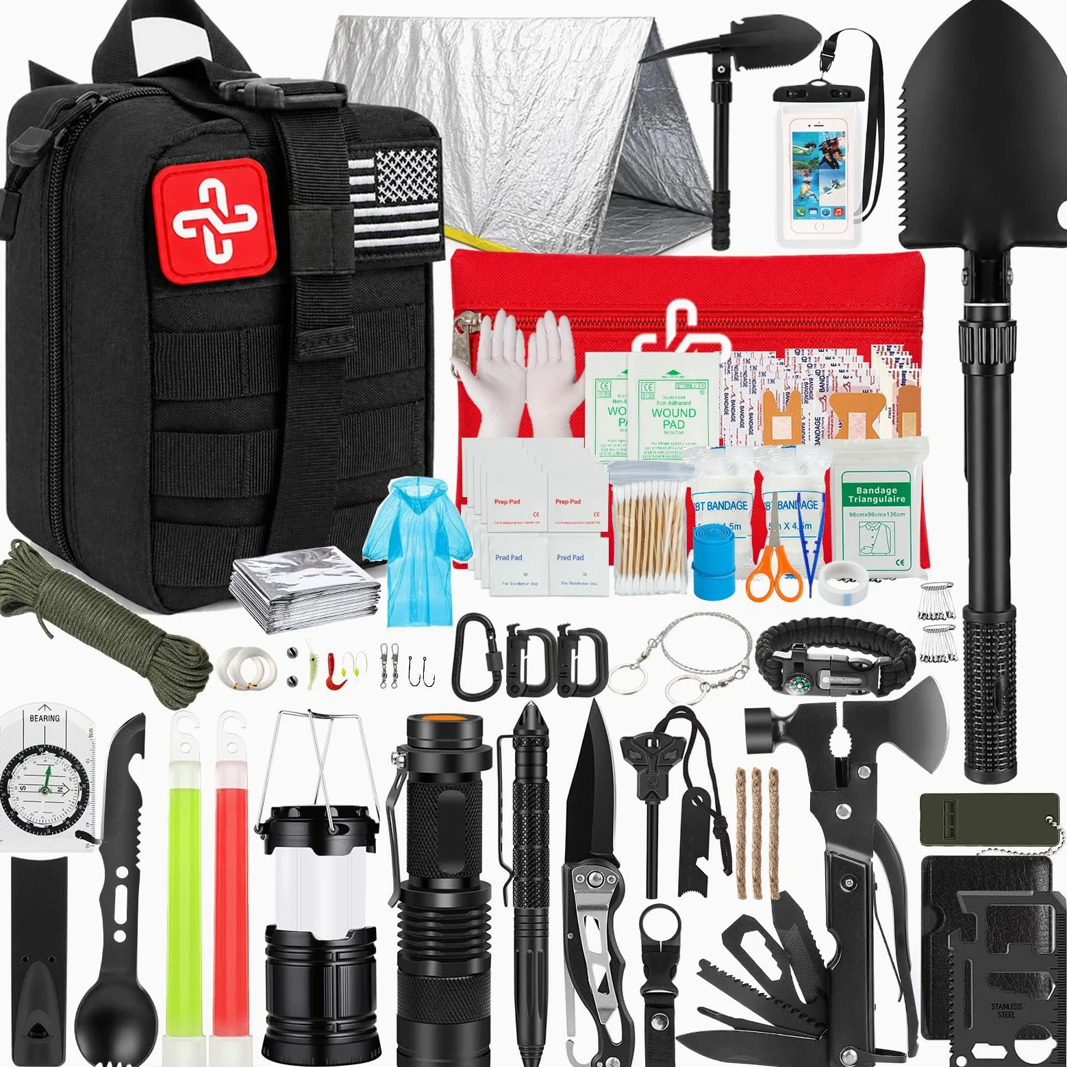 Kit di sopravvivenza, 250 pezzi Kit di primo soccorso per ingranaggi di sopravvivenza con sacchetto compatibile con sistema a molle e tenda di emergenza, kit di emergenza per la terra, avventura