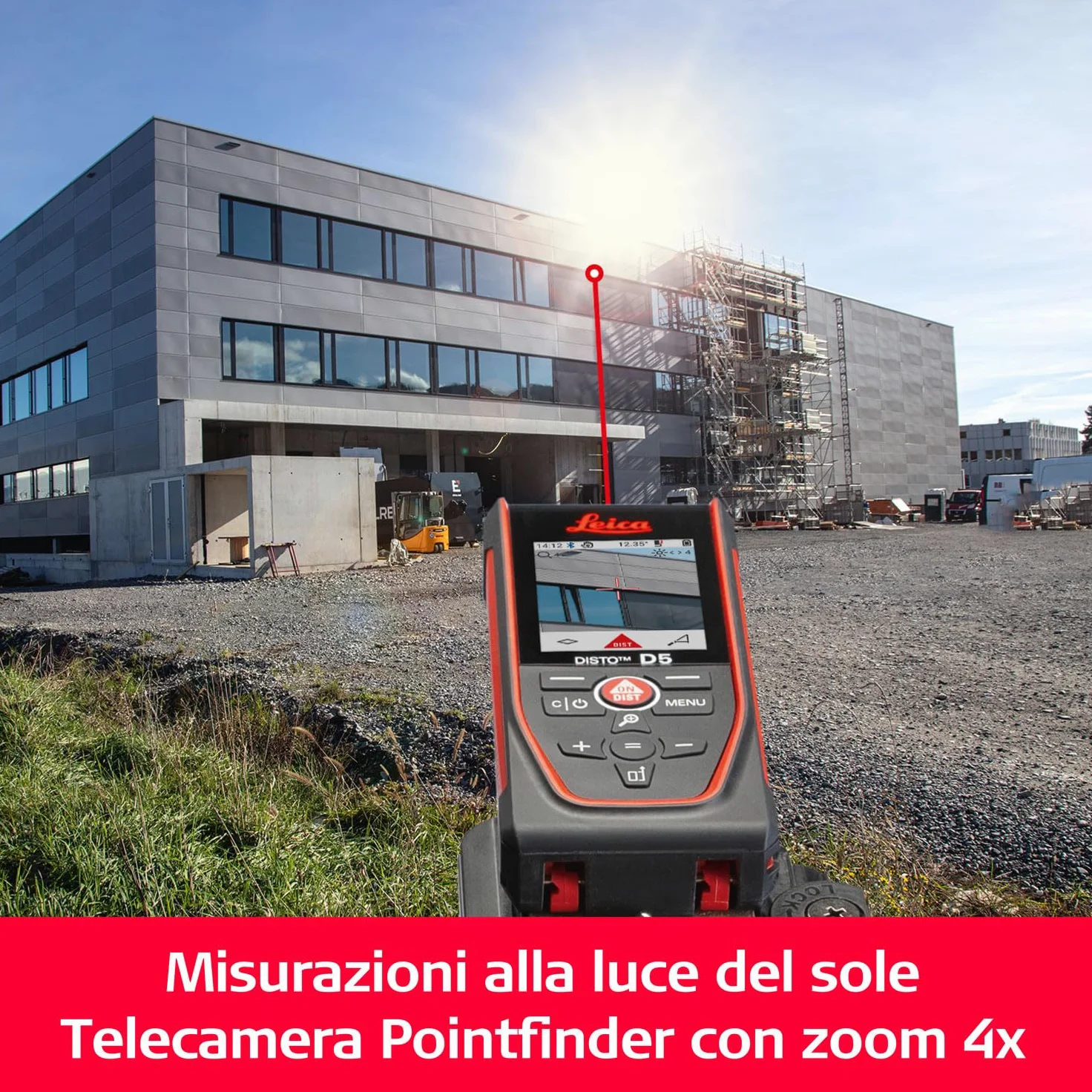 Leica Disto D5, Metro Laser Professionale con Bluetooth, Uso con App, Mirino, Uso Esterno e Interno, e Sensore d'Inclinazione per Tracciamento dell'Altezza, Profilo e Misurazione dell'Angolo