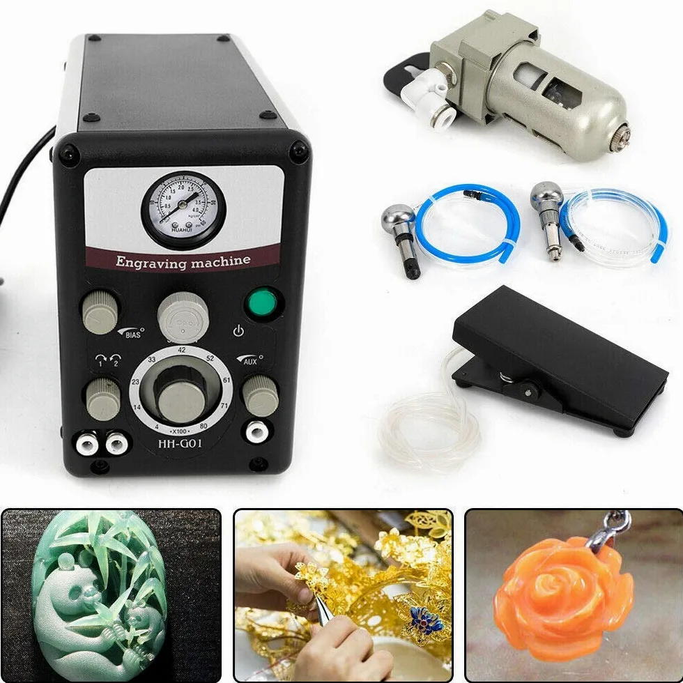 Kit di Macchine per Incisione Pneumatica per Gioielli - Velocità Regolabile da 400 a 8000 Giri/Min - Doppia Testa - Utensile Incisore Pneumatico a Micro per Oro e Argento