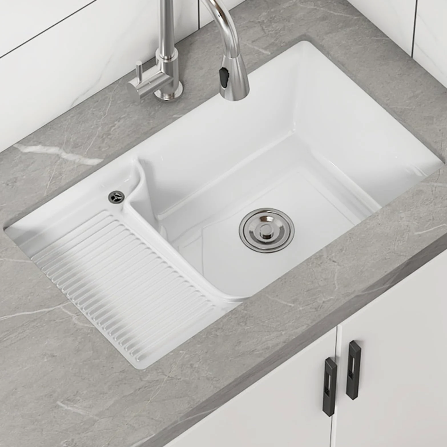 Lavandino per Il Bagno,lavatoio Lavanderia,Lavabo da Incasso in Ceramica con Assicella,con gocciolatoio e Tubo di Scarico, Adatto per bagni, WC, balconi e Cortili Esterni (Size : 74 * 42)