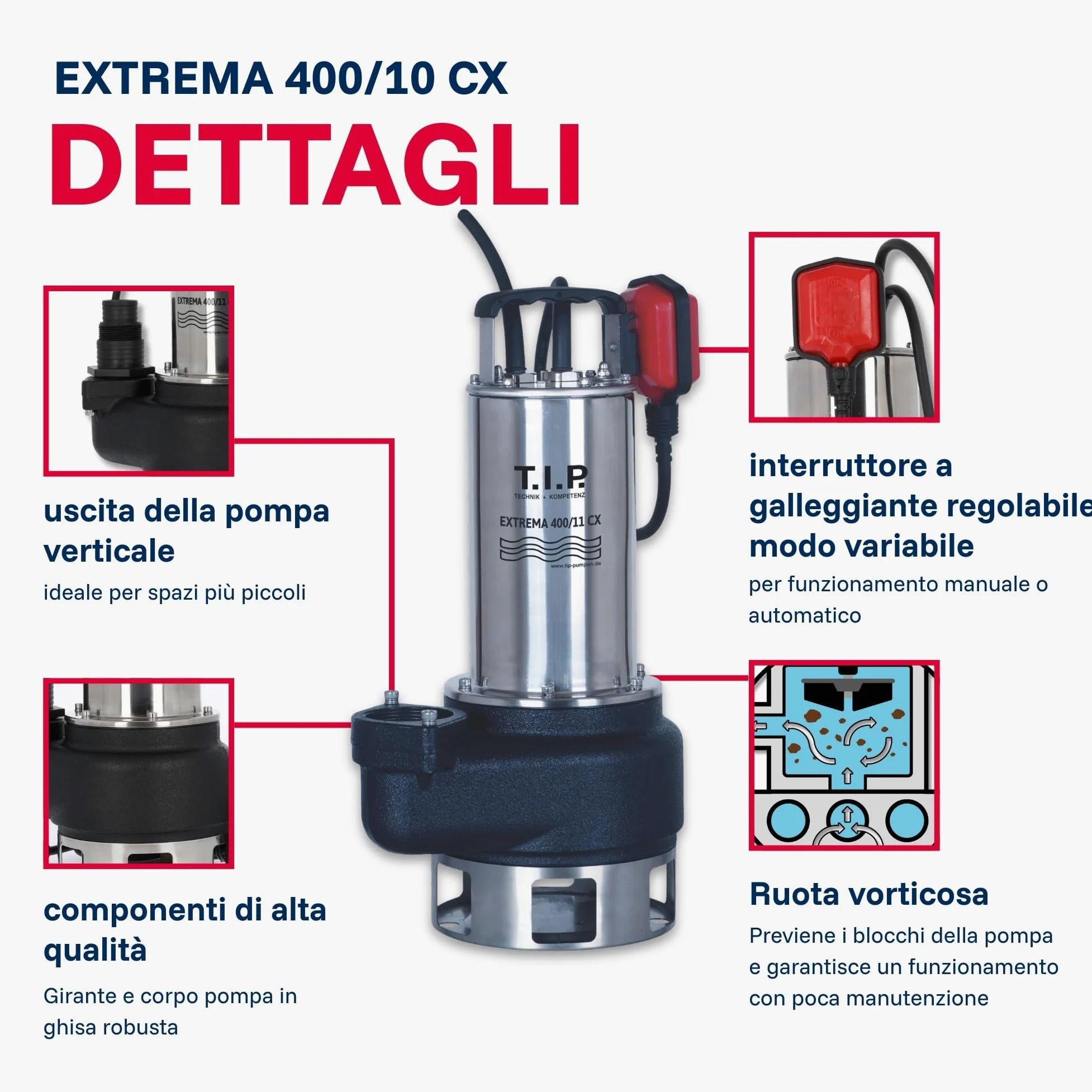 Pompa sommersa professionale per acque sporche T.I.P. - Acciaio inossidabile (portata 42.000 l/h, prevalenza 16 m, pressione 1,6 bar, granulometria 50 mm, acqua di lavaggio) Extrema 700/16-3 IX