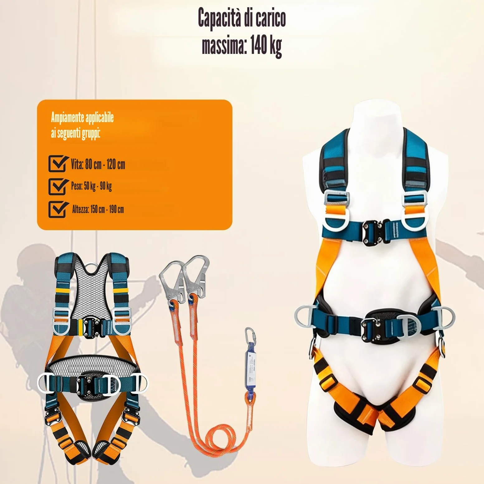 Imbracatura di sicurezza anticaduta completa con doppia corda con assorbitore, 140 kg, imbottitura traspirante, fibbie rapide, cintura sicurezza per tetti, arrampicata, edilizia, lavori in quota, uomo