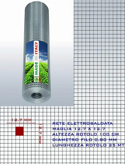 Rete Metallica Elettrosaldata Zincata, Maglia 12,7 x 12,7 mm, Rotolo 25 mt x 100 cm, Spessore 0,8 mm (ZINCATO)