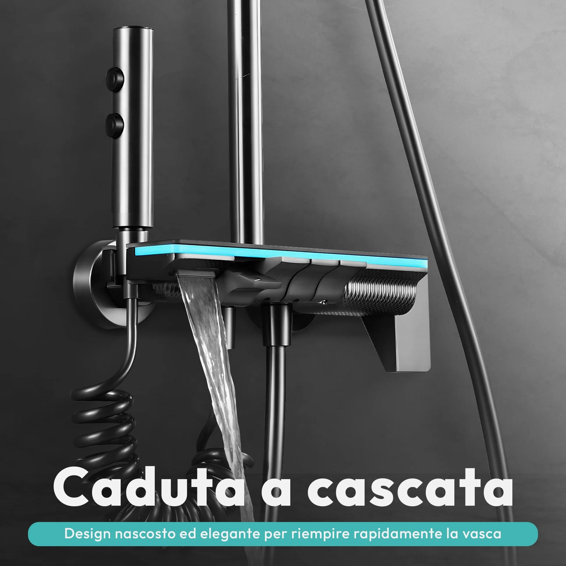 JUPPLIES Colonna Doccia Termostatica Nero Titanio 4 in 1 – Soffione Pioggia 25cm | Display LED | Miscelatore Ceramica | Doccetta + Cascata Vasca | Kit Doccia Completo Nero Opaco