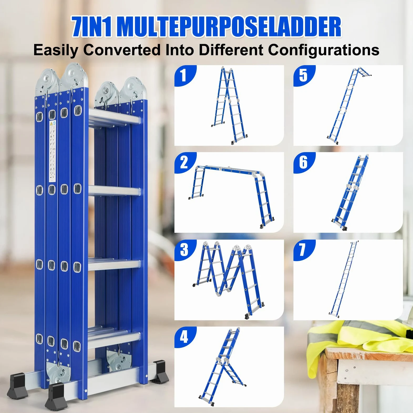 Scala multifunzione in alluminio, 4 x 4 gradini, lunghezza 4,7 m, 4 pezzi, portata massima 150 kg