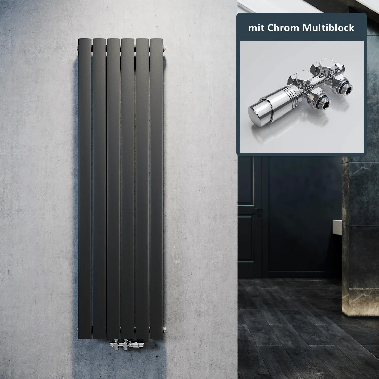 ELEGANTE Termoarredo Design Flat 1600 x 462 mm con Termostato Multiblocco Cromato, Radiatore Piatto Singolo Strato Verticale Attacco Centrale