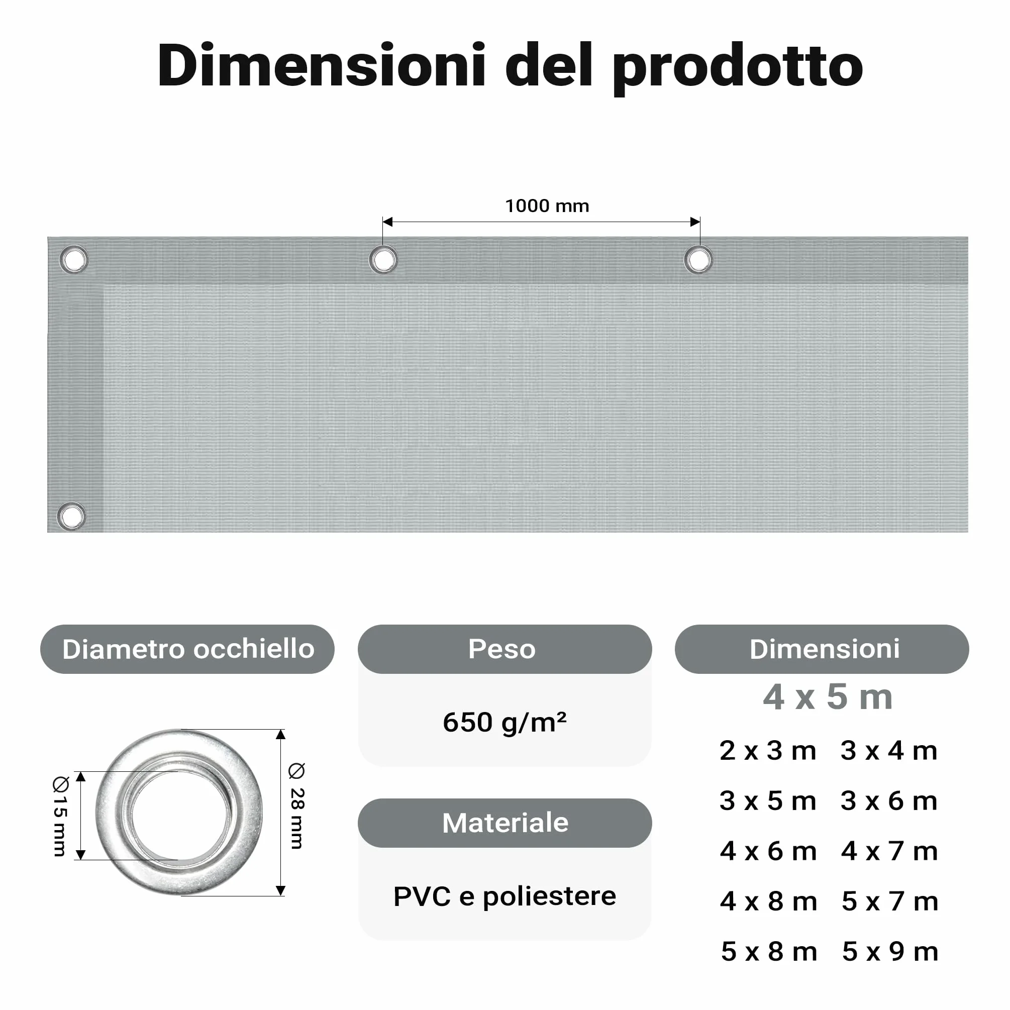 Wiltec Telone occhiellato grigio 4 x 5 m resistente alle intemperie e a raggi UV, impermeabile, robusto telo di protezione in poliestere 650 g/m² con rivestimento in PVC