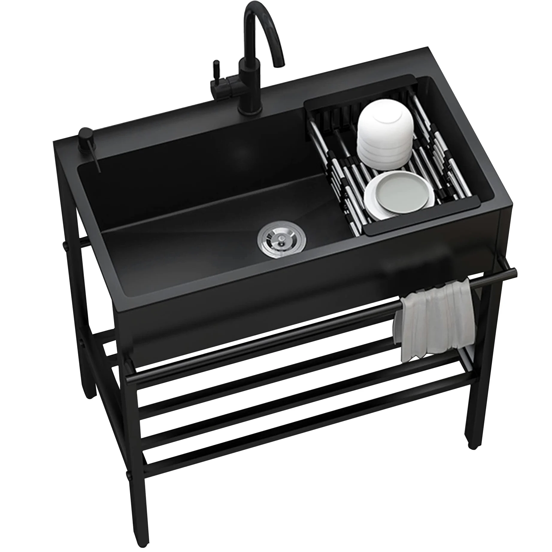 Lavello Cucina 1 Vasca,Mobile Lavabo Esterno Acciaio Inox 304,con Rubinetto E Cestello Allungabile,Distributore Di Sapone,Lavandino Nero Multifunzione,per Bar Garage Ristorante Lavanderia (Size : 80*