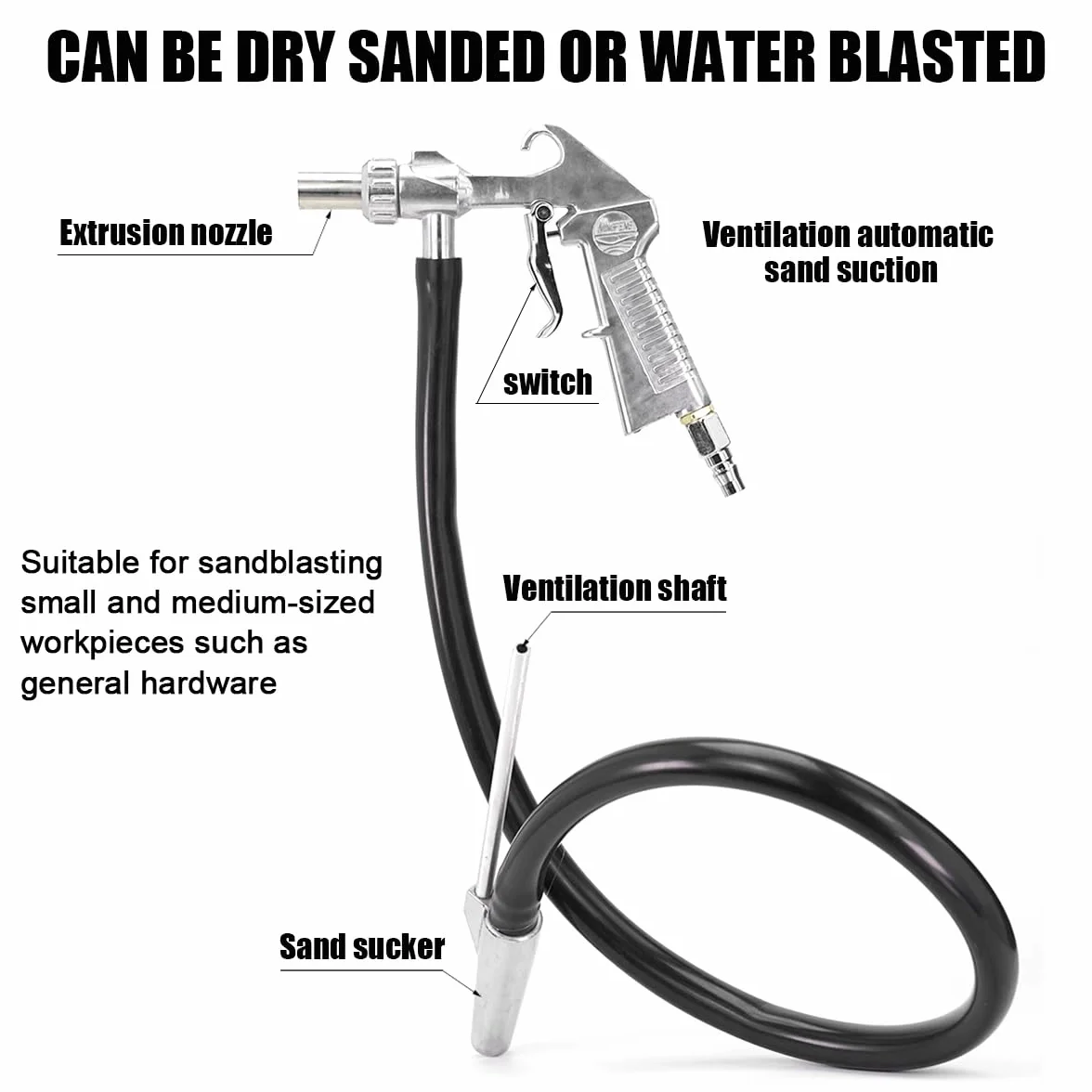 Pistola Sabbiatrice per Compressore, Sandblaster Set Portatile, con Tubo in Gomma (1 m), ugello in metallo e Ugelli in Ceramica un Raccordo ad aria, per Lucidatura Superficiale