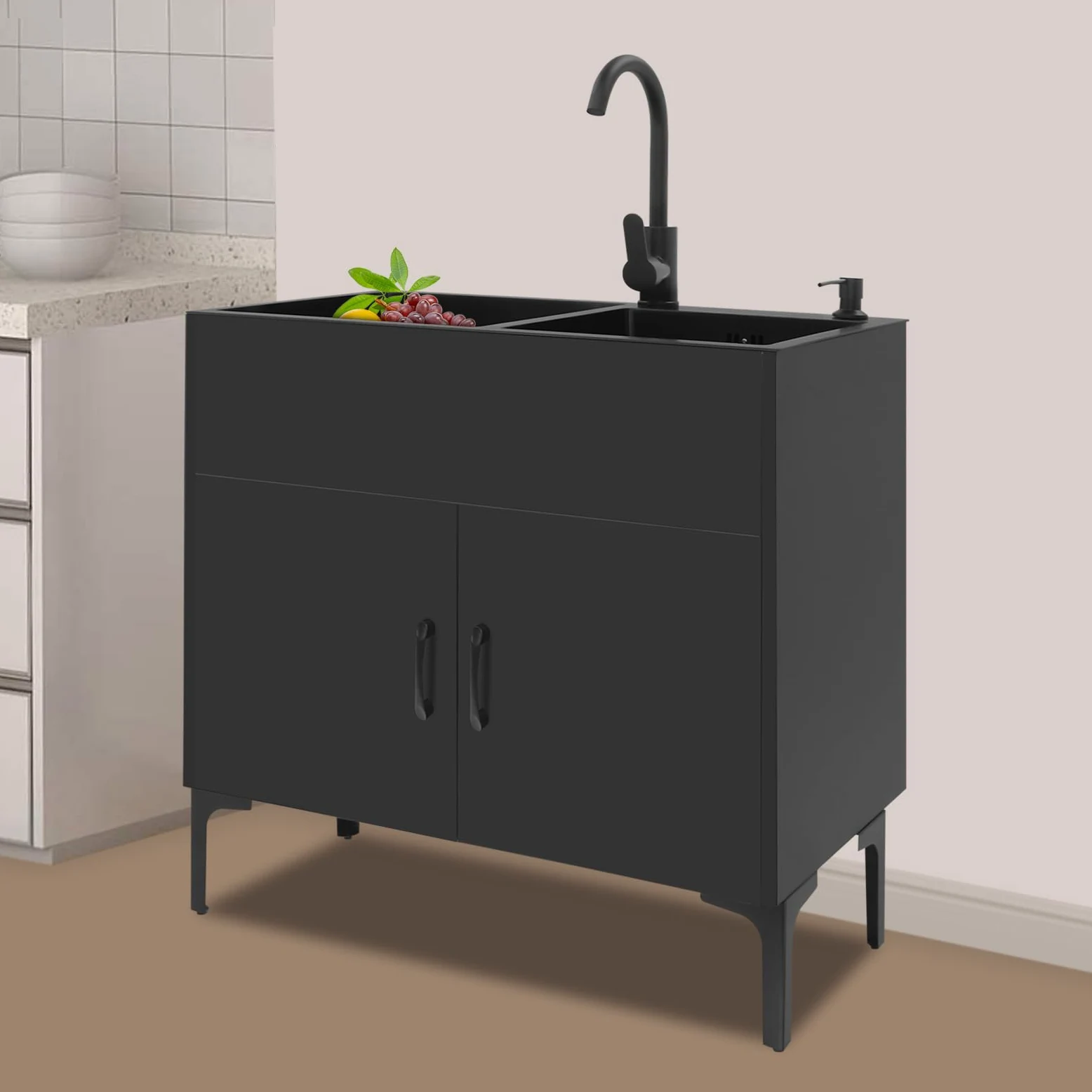 Lavello da cucina autoportante con base e rubinetto, in acciaio inox con 2 vasche scolapiatti e scarico, per cucina, giardino, esterno, officina, lavanderia, campeggio (nero)