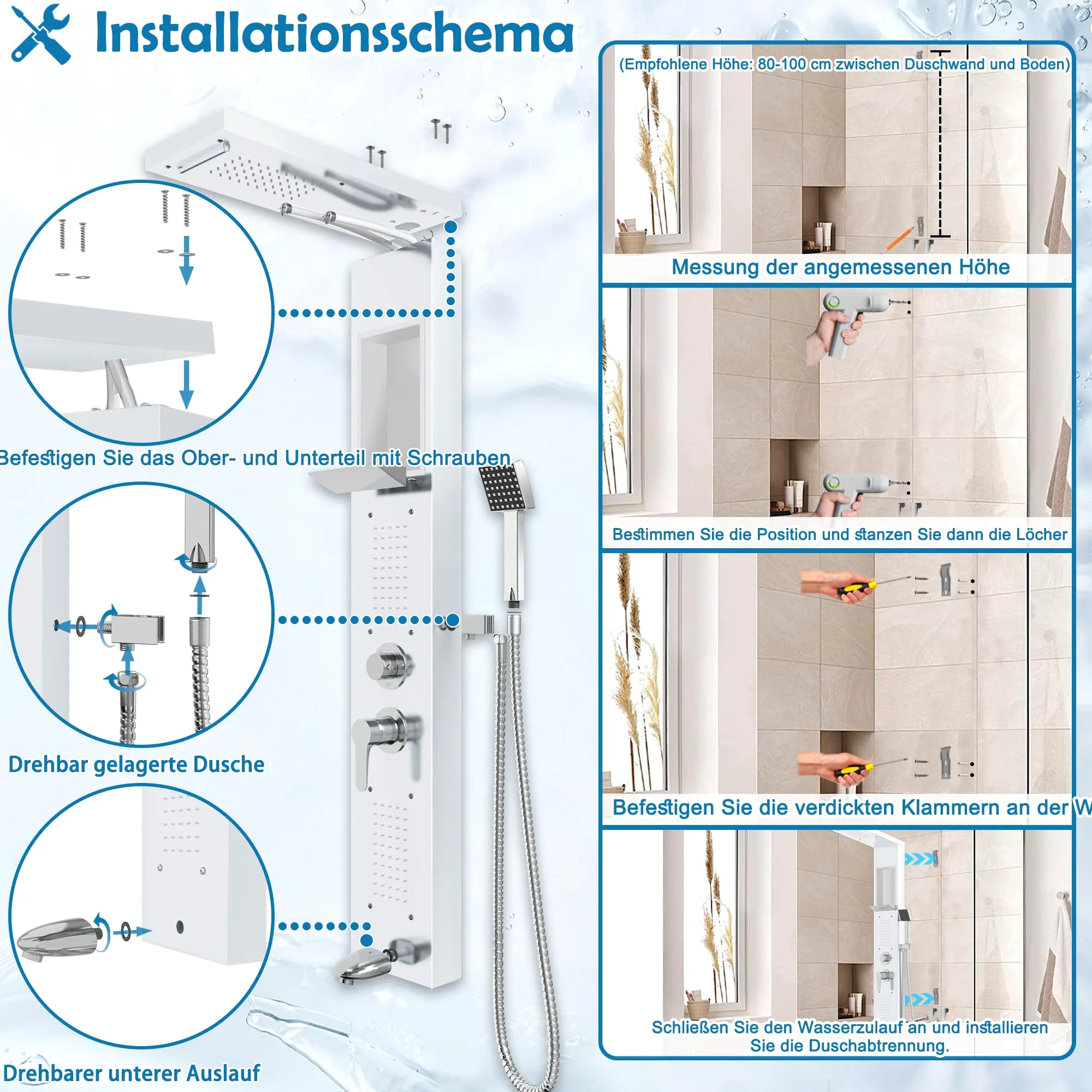 YUENFONG Pannello doccia 5 in 1 in acciaio inox, doccia multifunzione, con doccia a pioggia, cascata, massaggio alla schiena, doccetta, facile da montare a parete, bianco