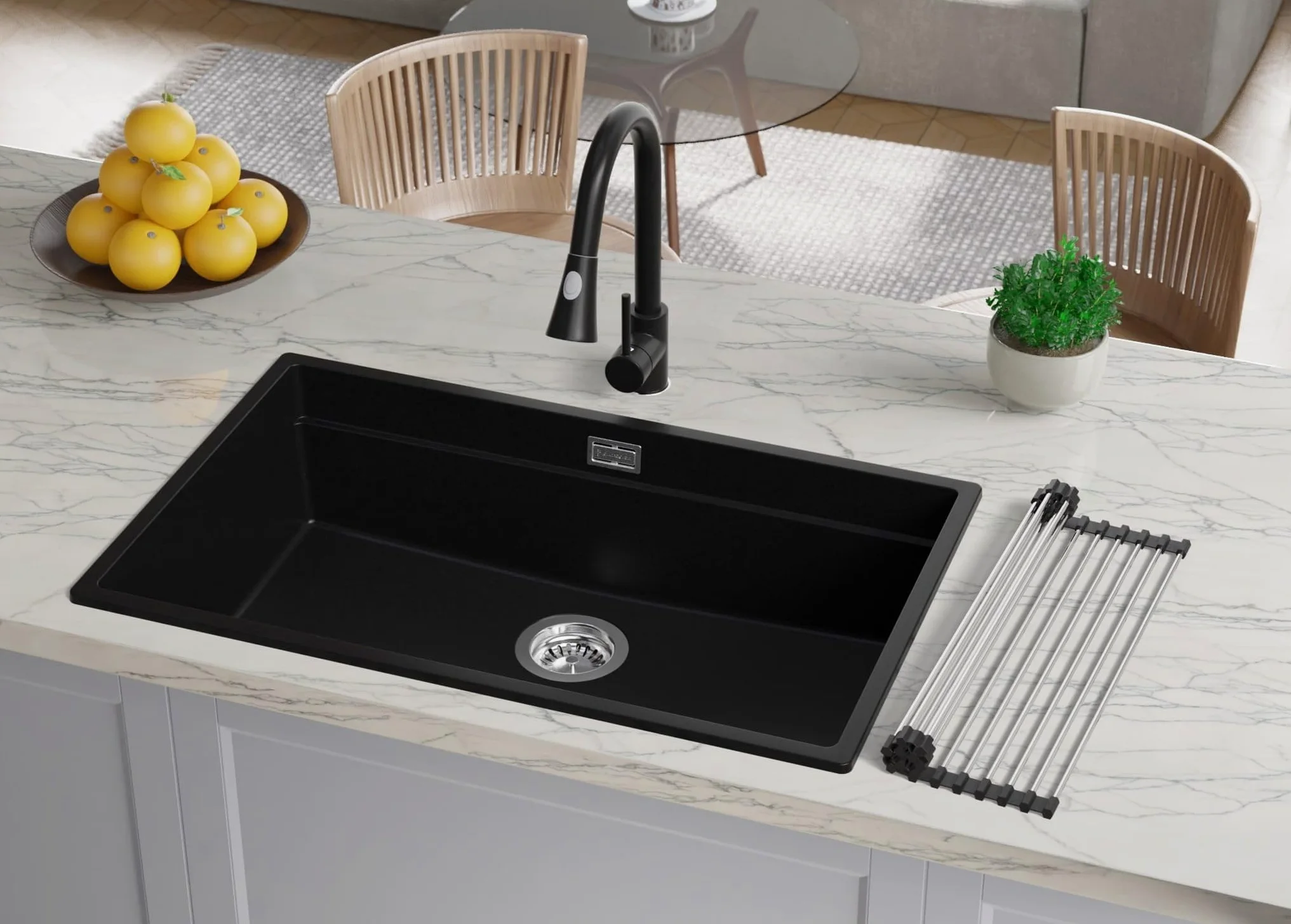 PRIMAGRAN Lavello da Cucina Tutto Nero 76x47cm, Lavandino in Granito a 1 vasca + Set di accessori, Lavabo da Cucina Incasso al Mobile 80cm - Prague Level Slim S547