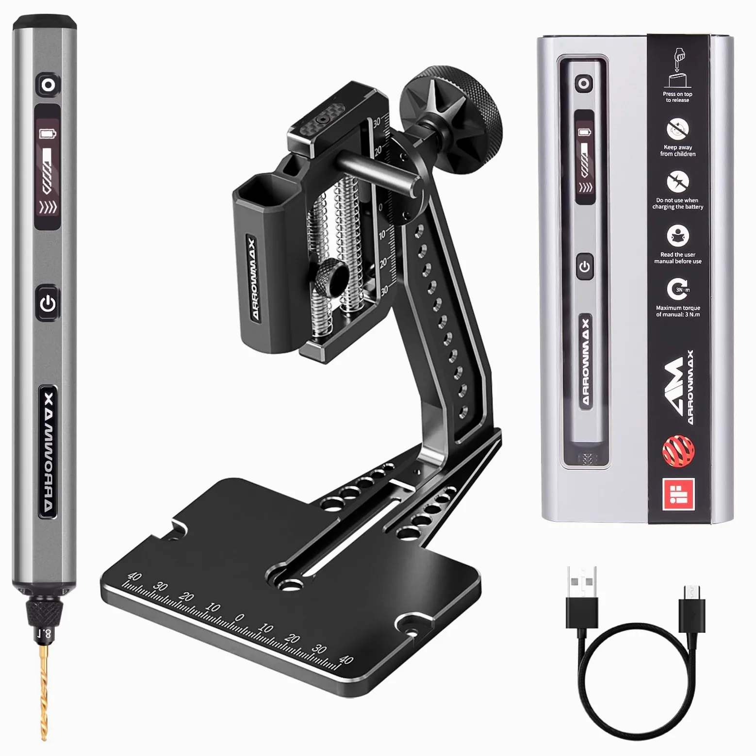 Mini trapano elettrico a 5 velocità con pressa da banco Hedgehog, 10 punte piccole ARROWMAX con scatola in alluminio, display OLED, luci LED, mandrino autoserrante da 3/32 pollici (SDS ULTRA PLUS)