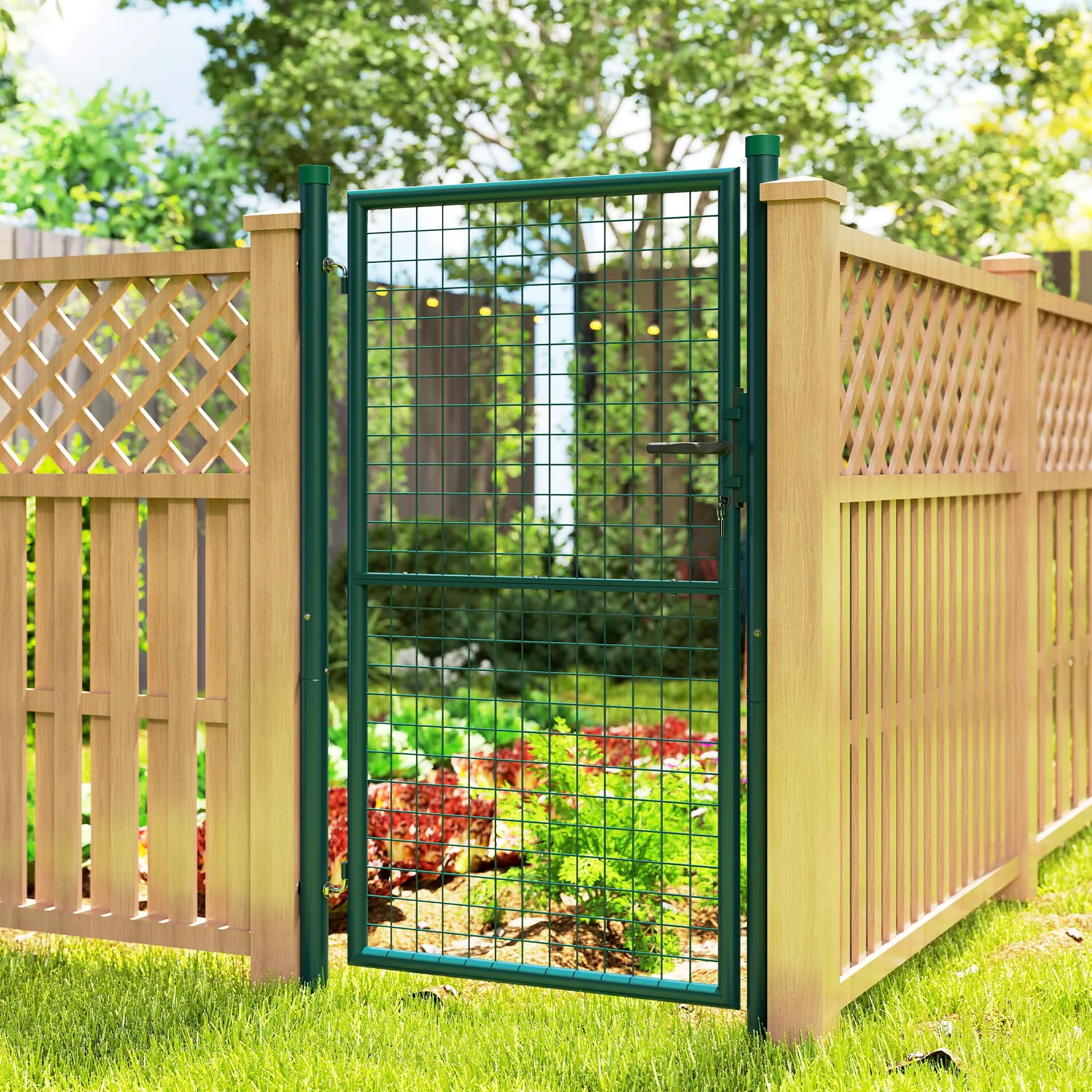 Outsunny Cancello da Giardino in Acciaio 97x200 cm, Cancelletto da Giardino con Serratura, 3 Chiavi, Maniglia e 2 Pali, Cancello Esterno per Ingresso Cortile e Terrazzo, Verde