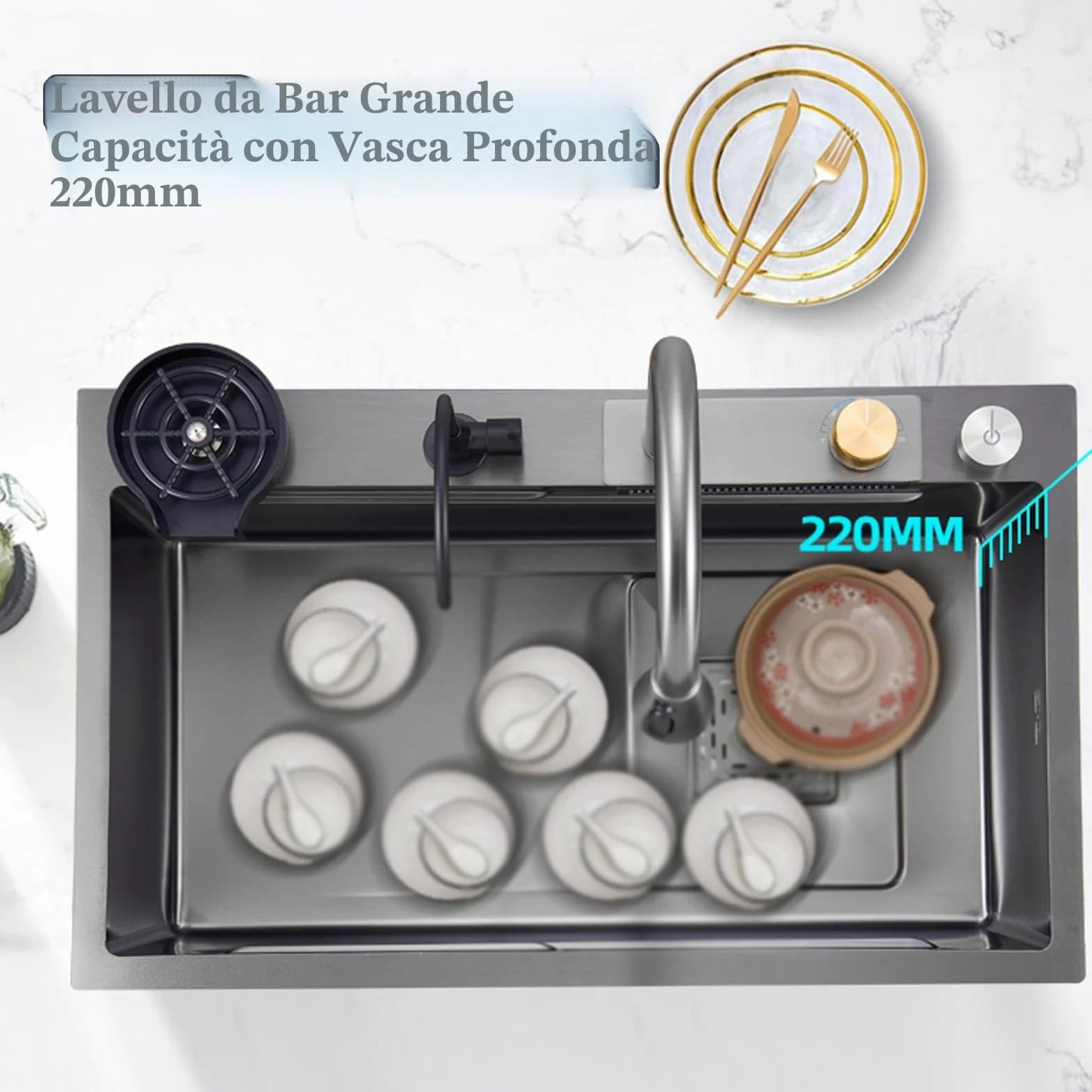 Lavandino da cucina con superficie di lavoro, 80 x 45 cm, dotato di rubinetto a cascata, in acciaio inox, per uso domestico, con idropulitrice, tagliere, scolapiatti e accessori