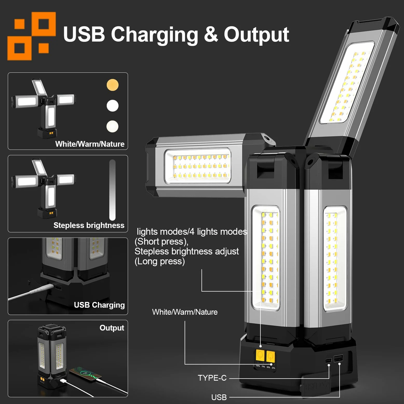 Faretto a Batteria Ricaricabile in Alluminio da 13200 mAh, con Supporto Pieghevole e Borsa per il Trasporto, Faro da Cantiere 8000 Lumen Dimmerabile