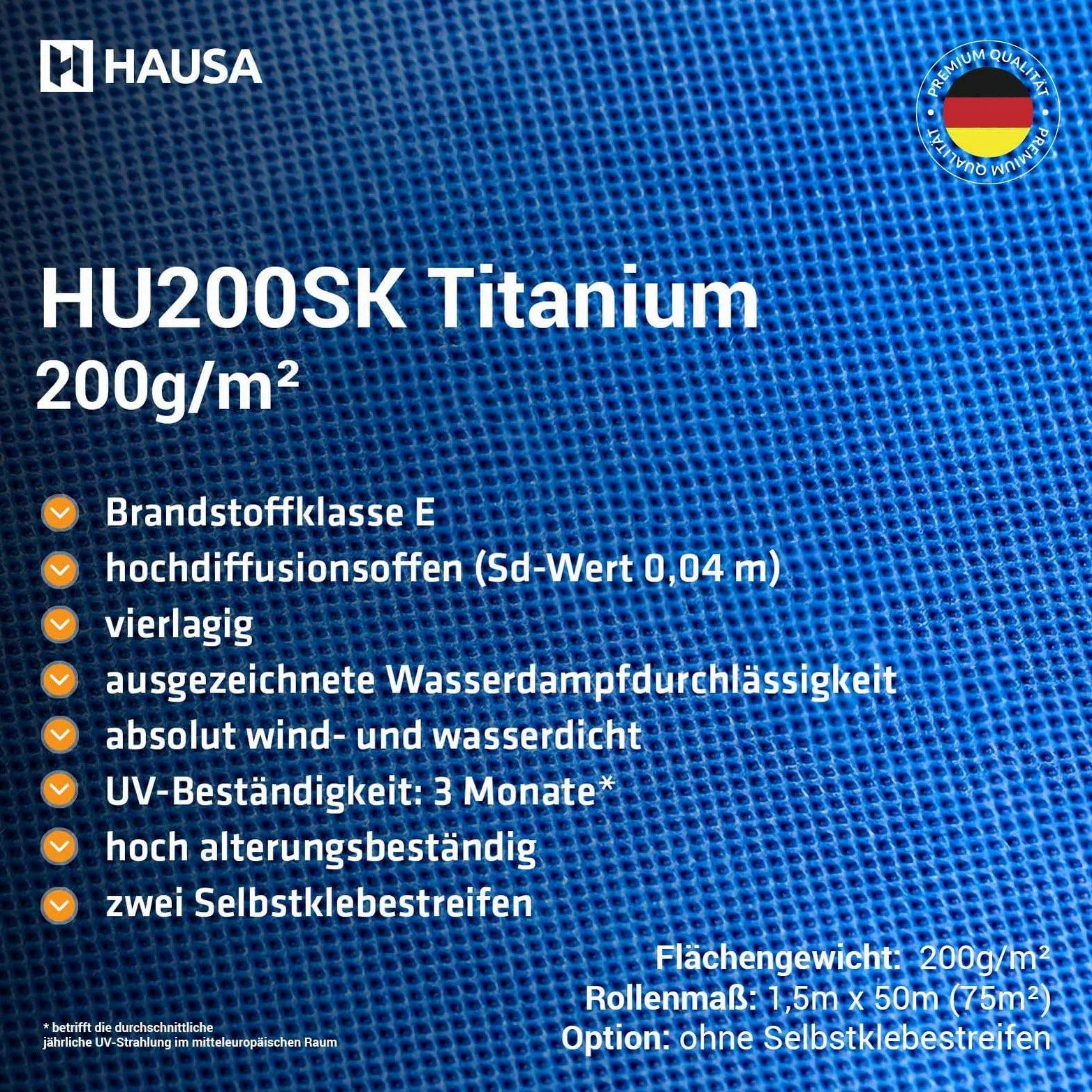 HAUSA Titanium HU200 - Membrana sottotetto, 200 g/m², 75 m² (1,5 m x 50 m), altamente permeabile, impermeabile, resistente alle intemperie e all'invecchiamento, antistrappo, senza strisce adesive